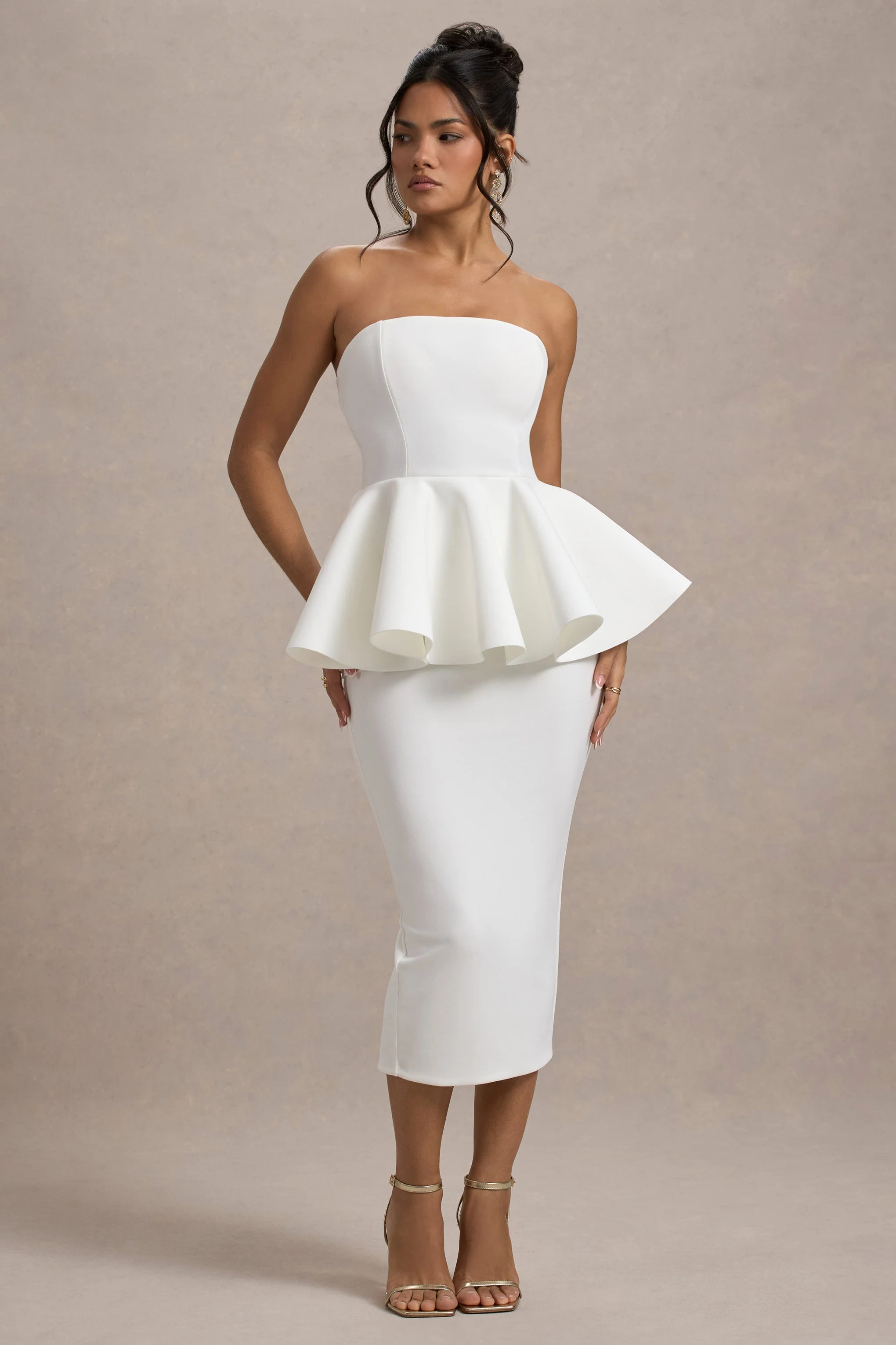 First Dance | White Bandeau Peplum Midi Dress