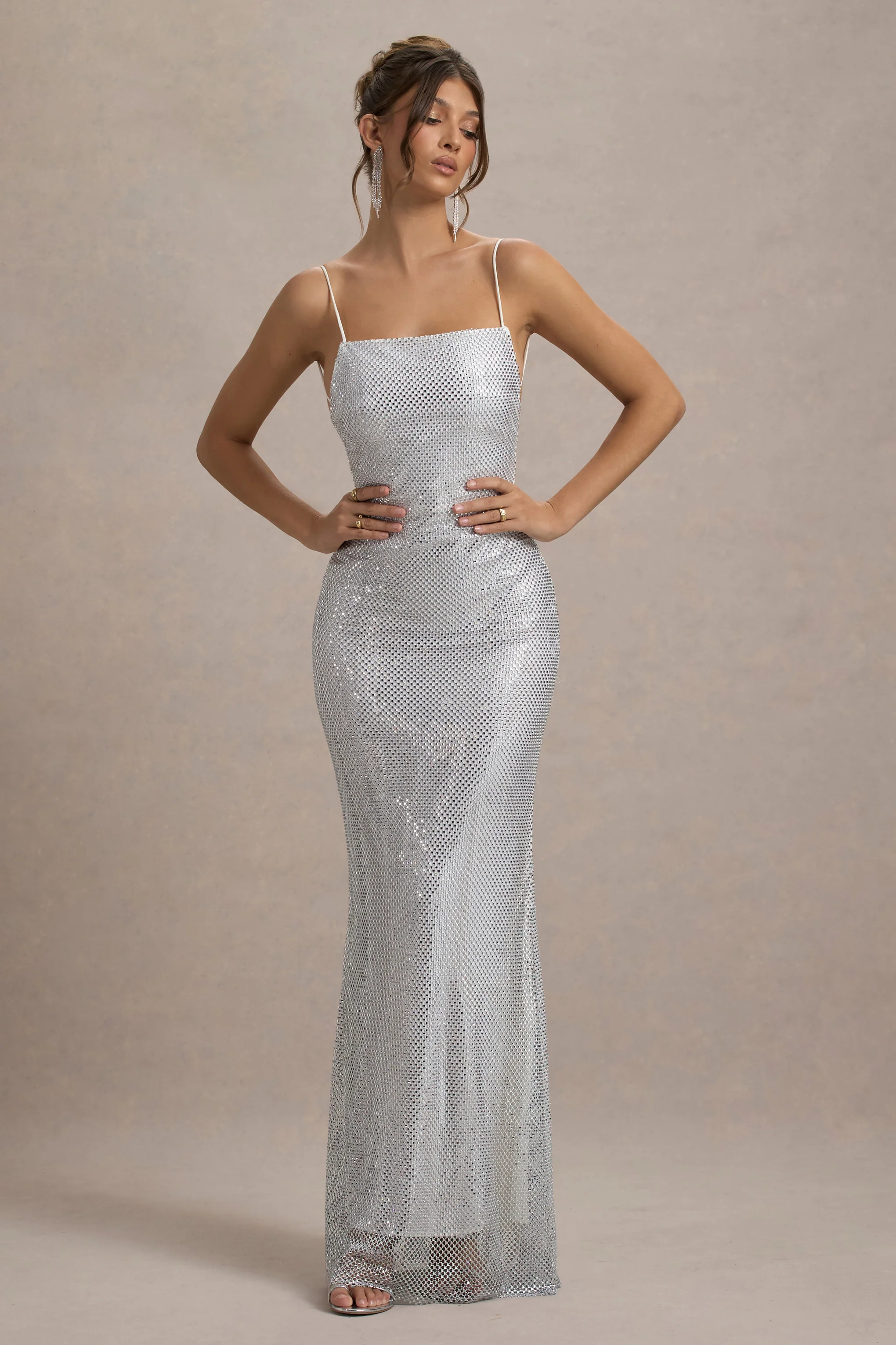 Quartz | Silver Embellished Square-Neck Open-Back Maxi Dress