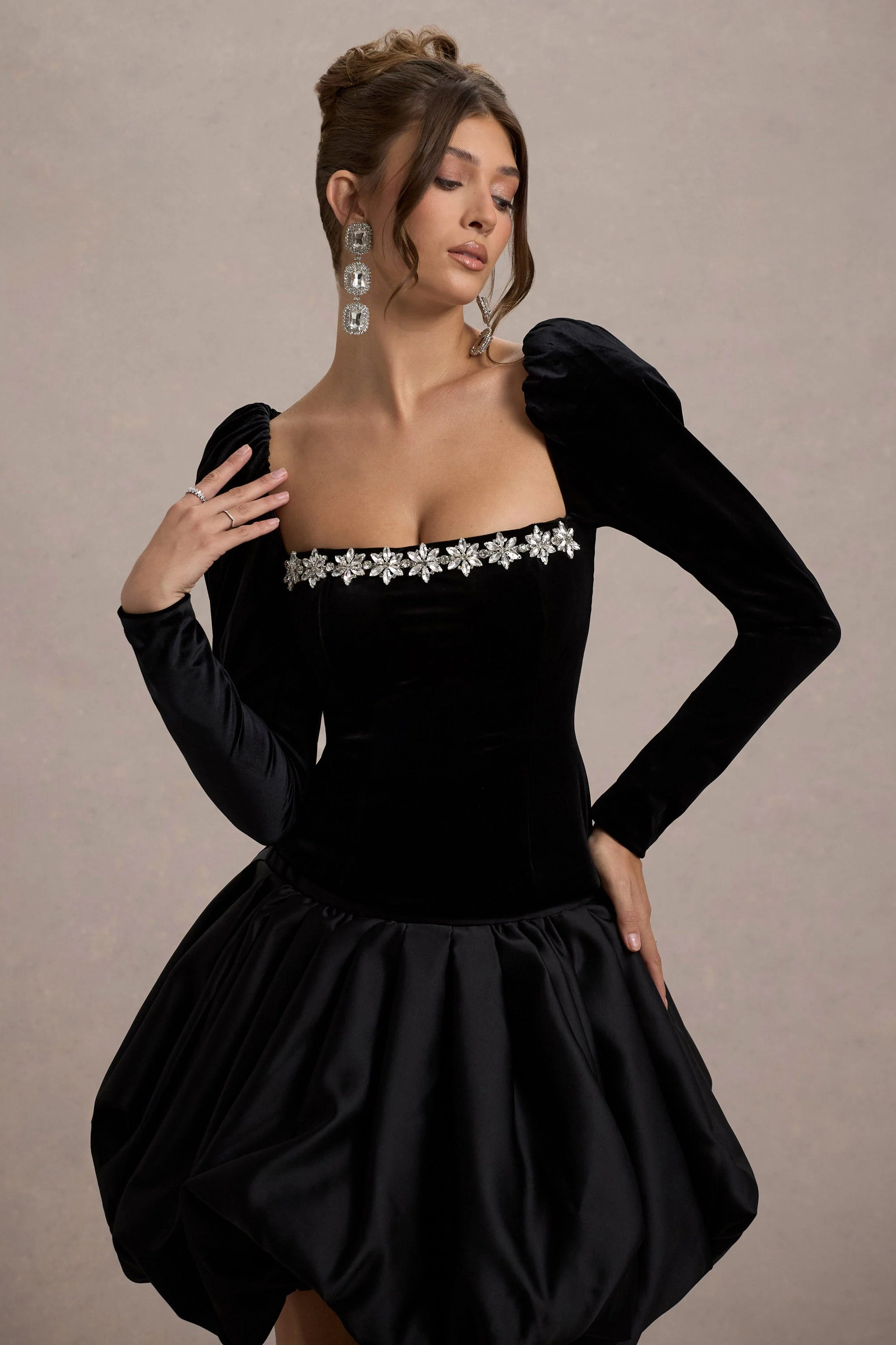 Tazmin | Black Velvet Embellished Square-Neck Top