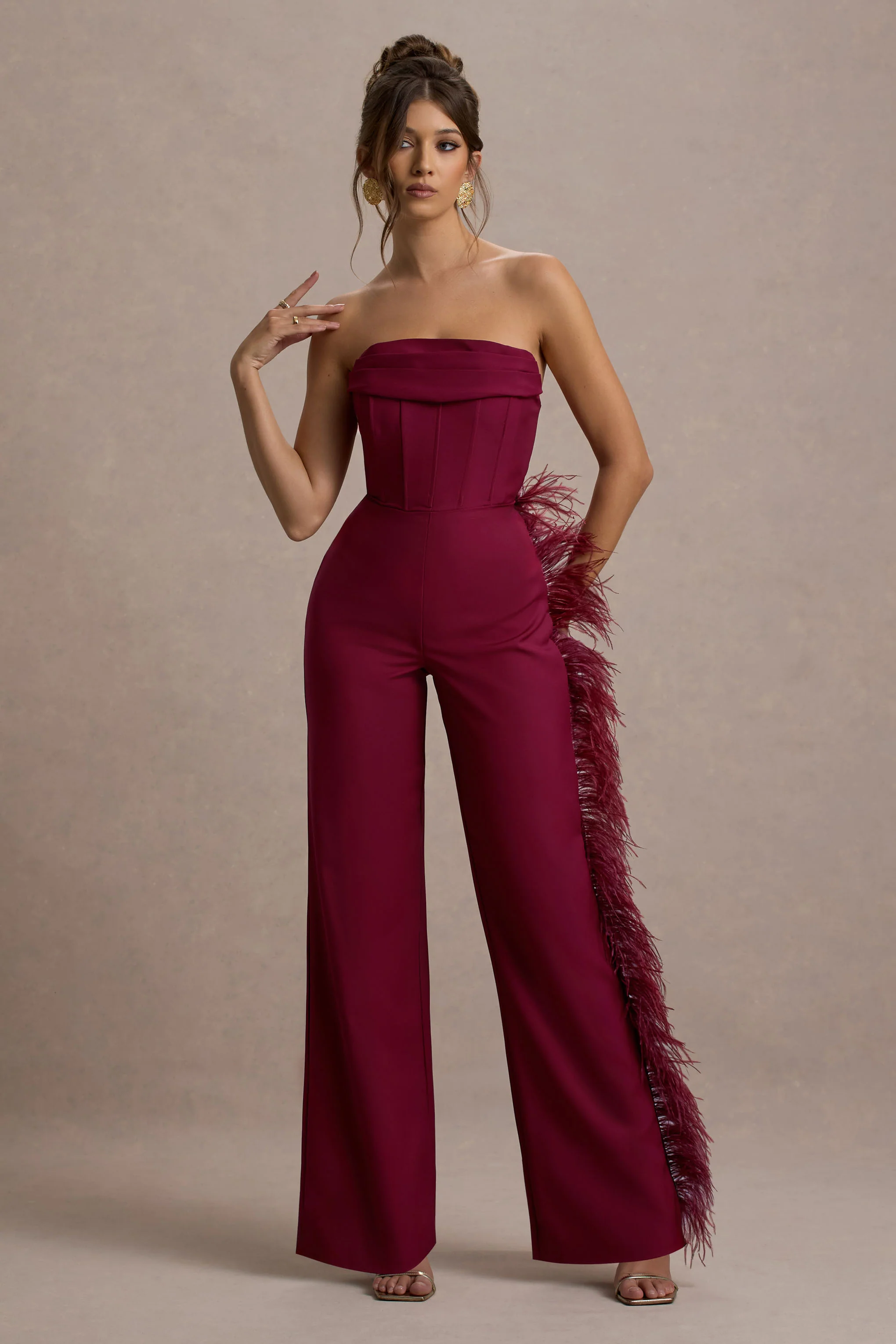 Topic Of Talk | Burgundy Strapless Bandeau Wide-Leg Jumpsuit With Feather Trim