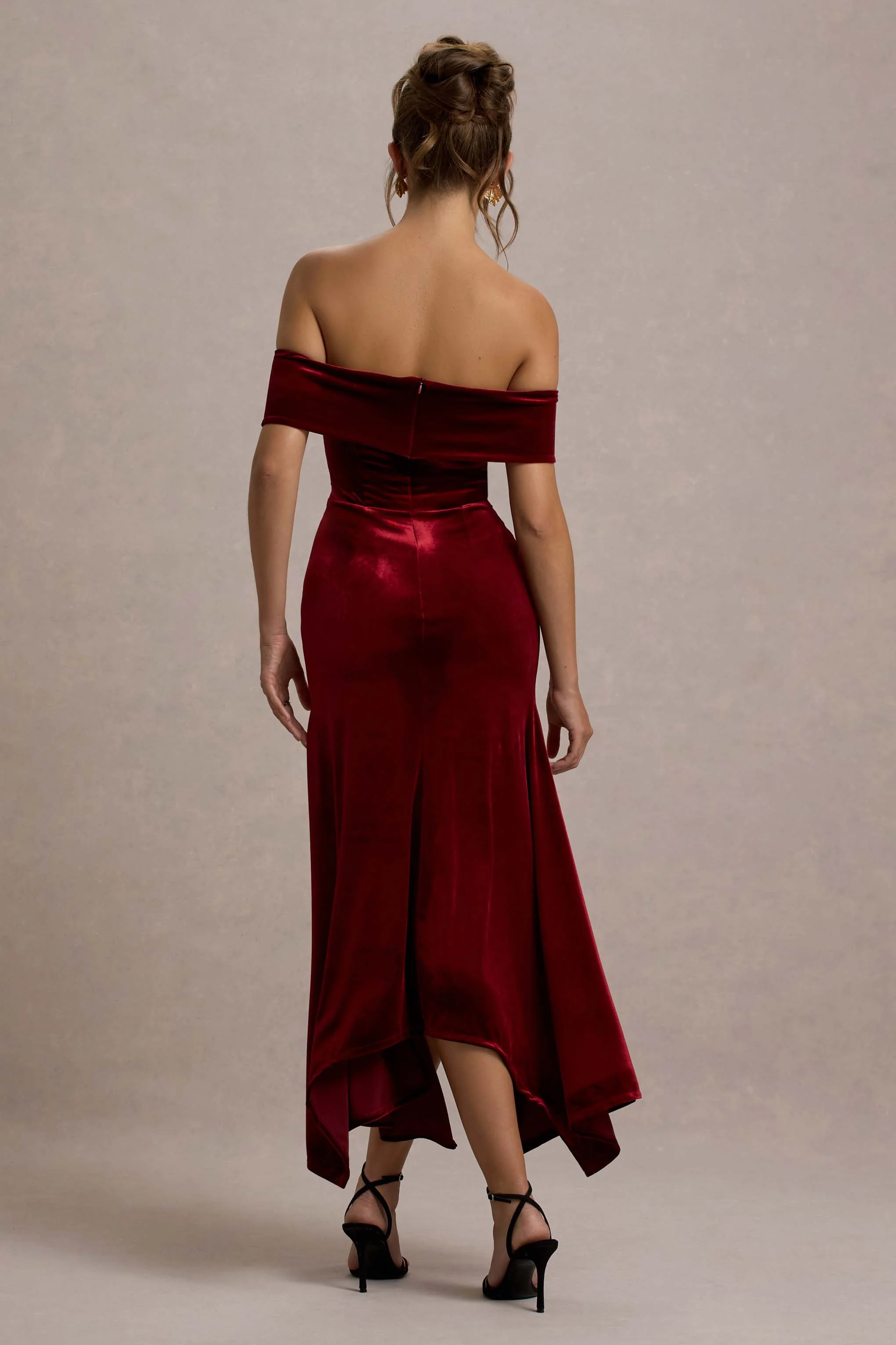 Halia | Berry Velvet Bardot Maxi Dress
