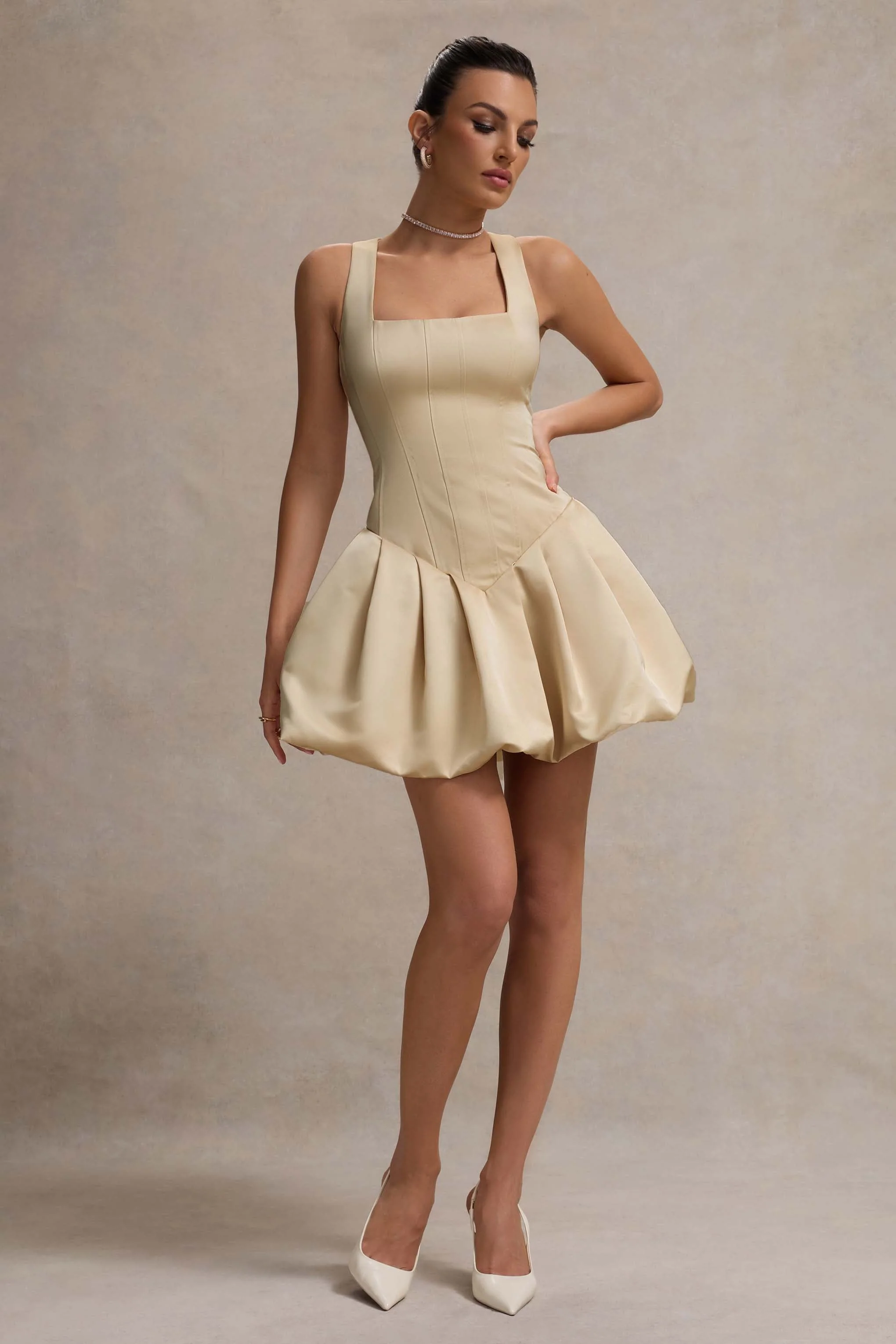 Bramble | Ivory Satin Square-Neck Puffball Mini Dress