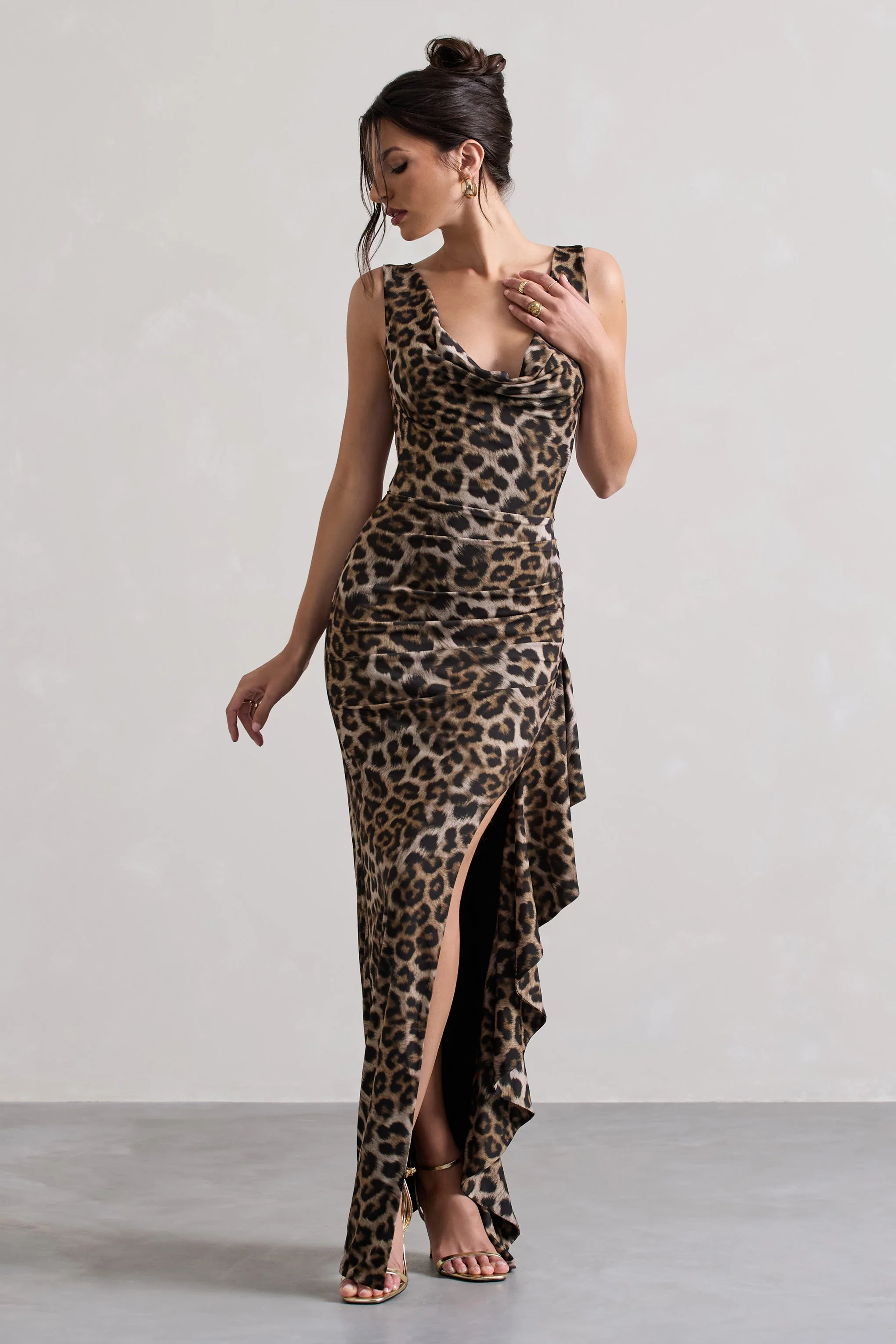 Kaida | Leopard Print Cowl-Neck Ruffled Split Maxi Dress