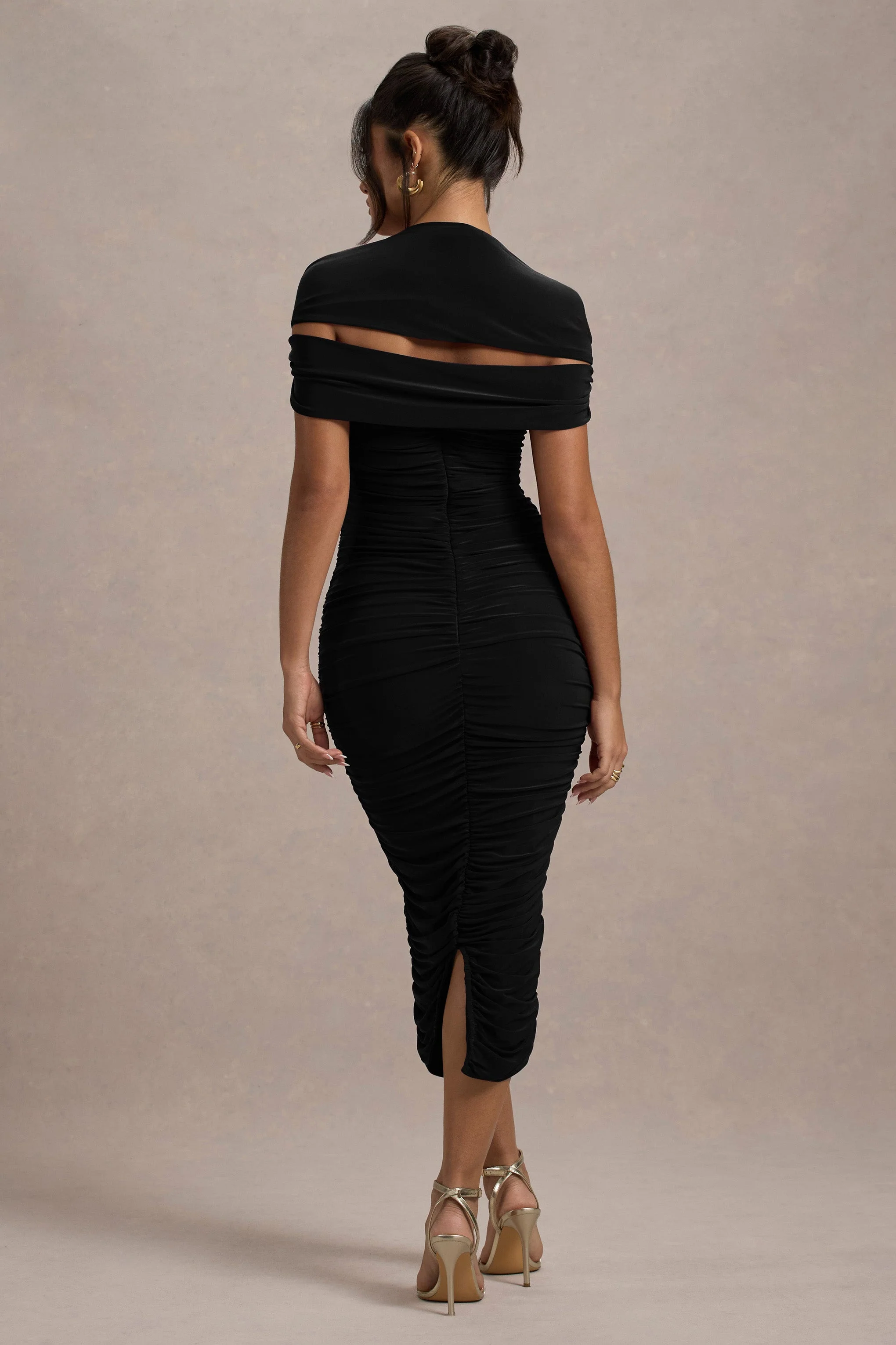 Paxos | Black Ruched Short-Sleeve Midi Dress
