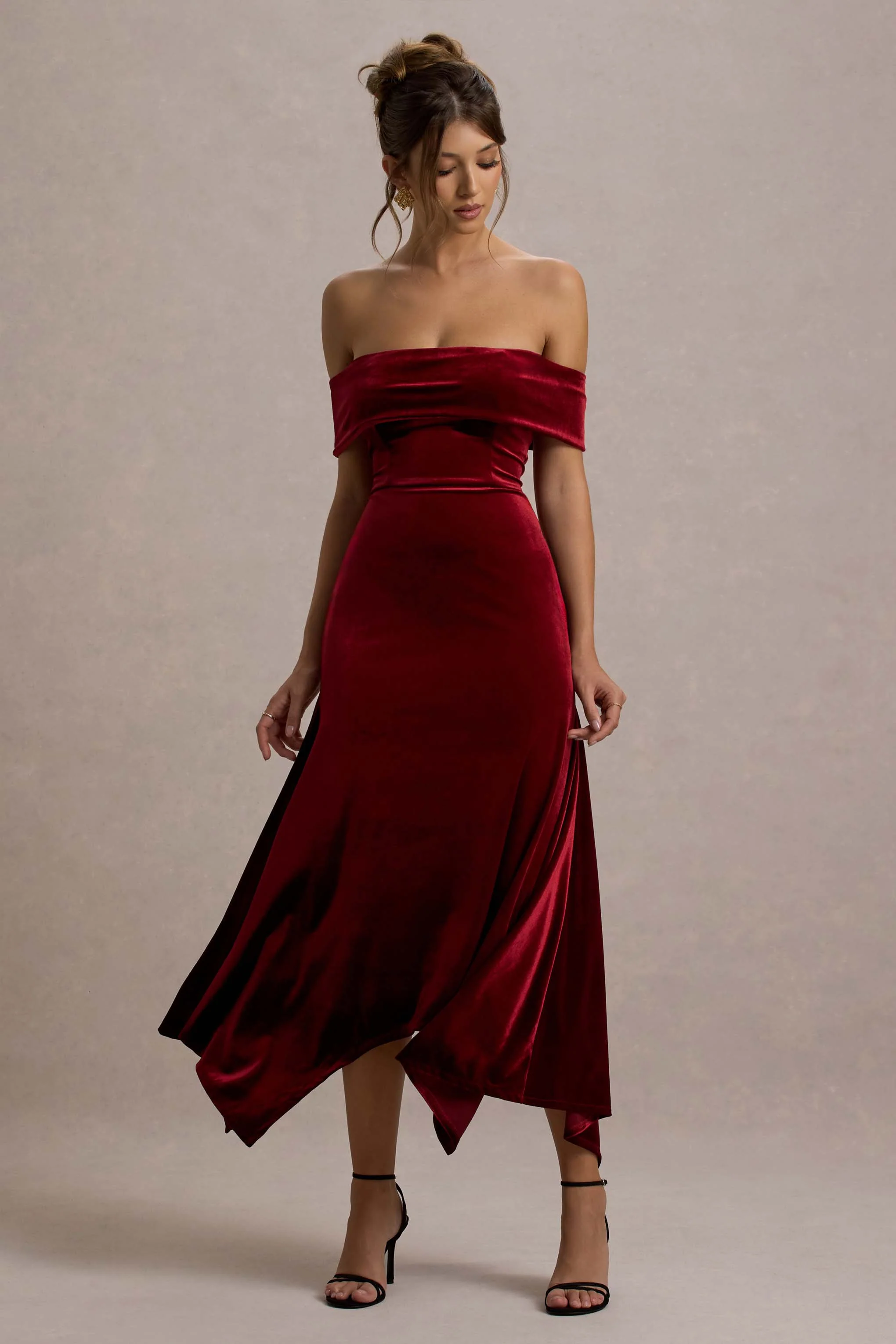 Halia | Berry Velvet Bardot Maxi Dress