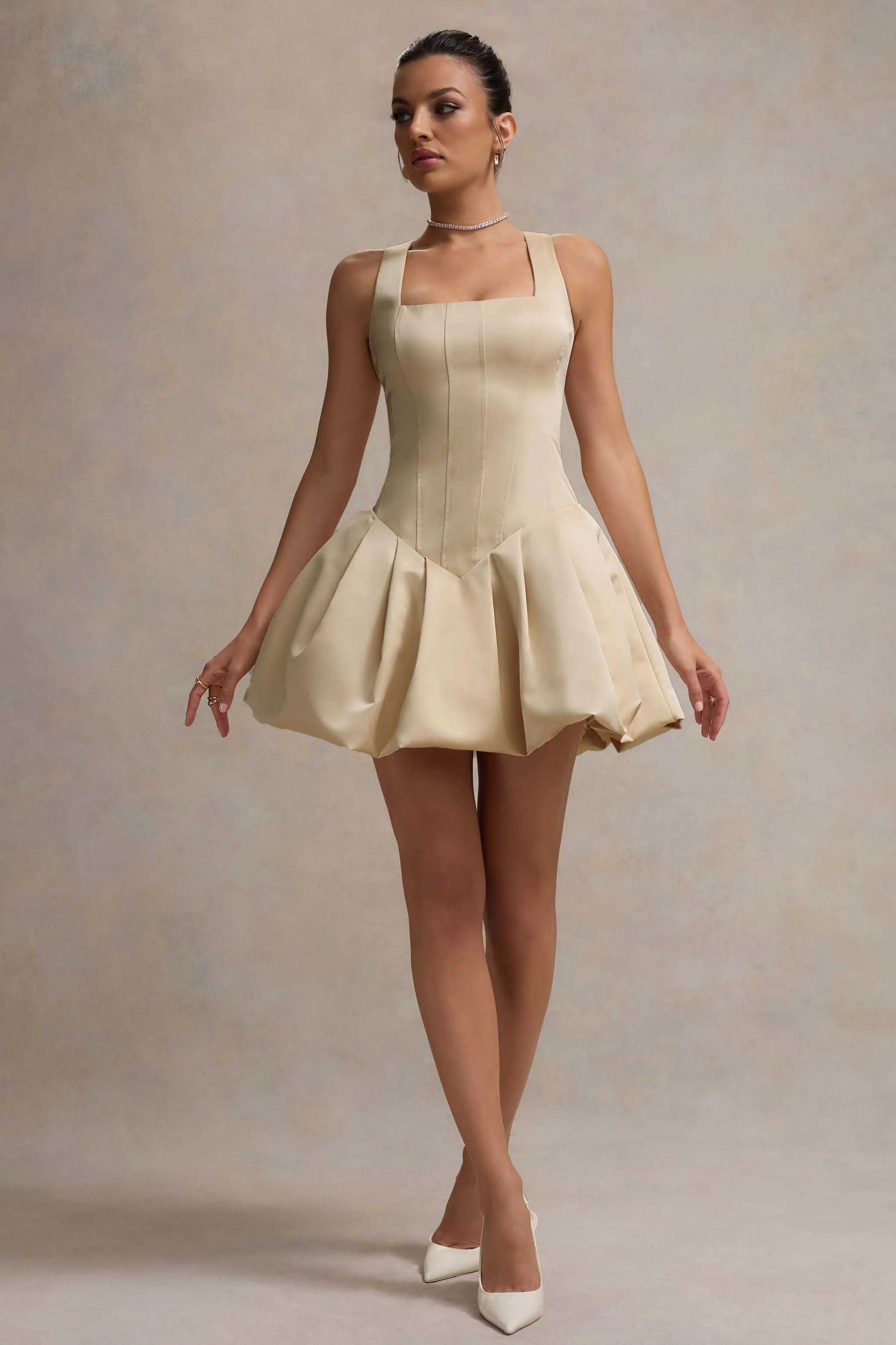 Bramble | Ivory Satin Square-Neck Puffball Mini Dress