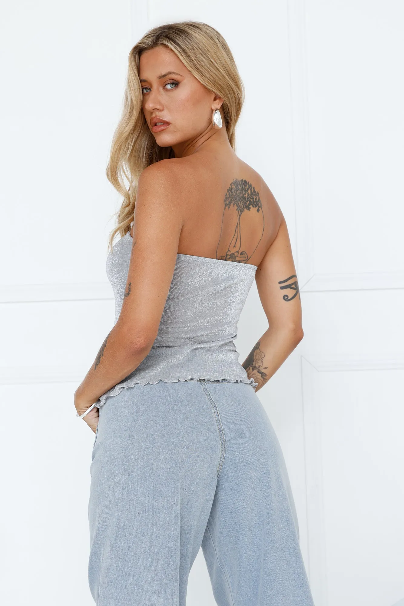 Flirt First Strapless Glitter Crop Top Silver