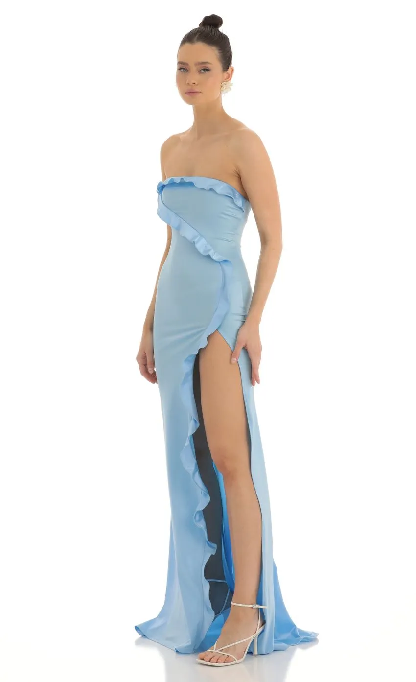 Strapless Satin Maxi Dress in Blue