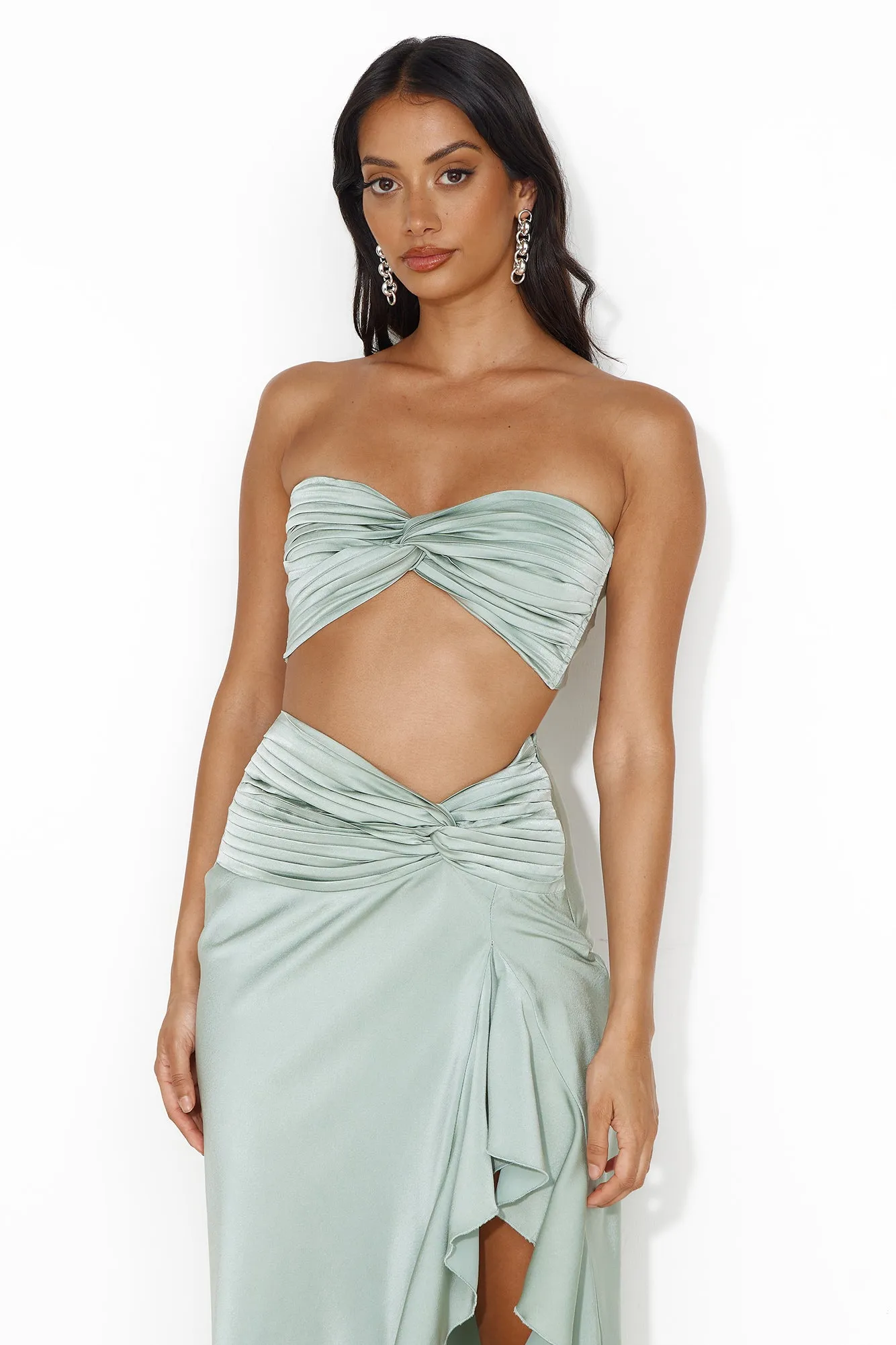 Diary Of Secrets Satin Strapless Crop Top Sage