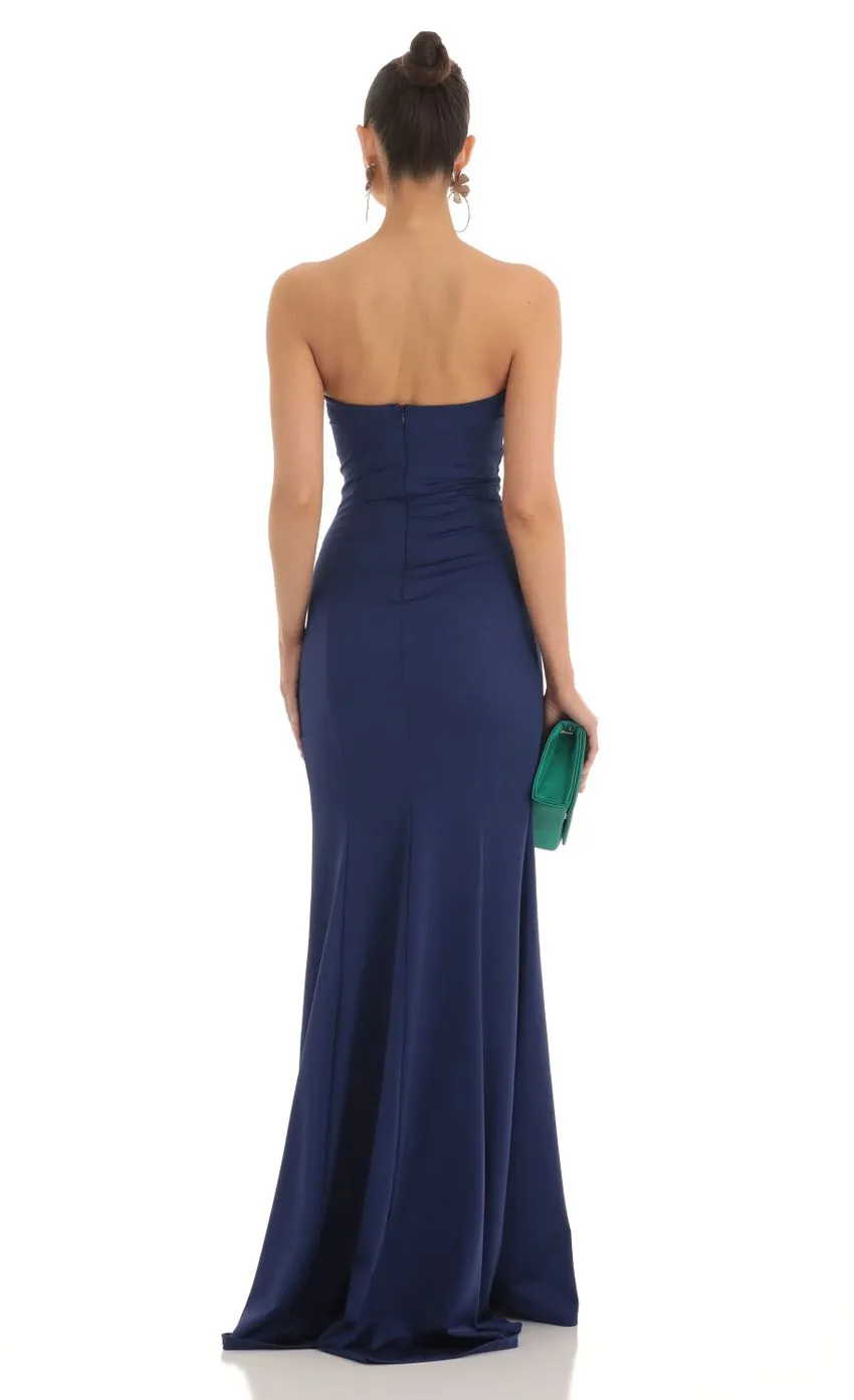 Strapless Satin Maxi Dress in Blue