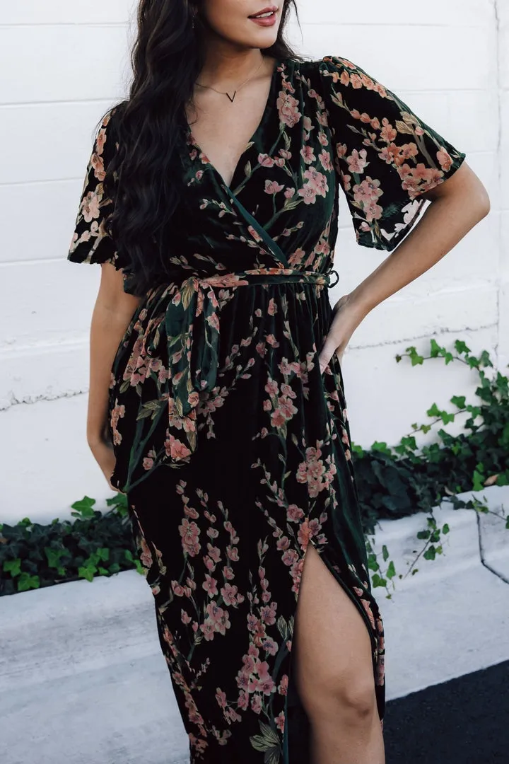 Uma Velvet Maxi Dress | Green Floral