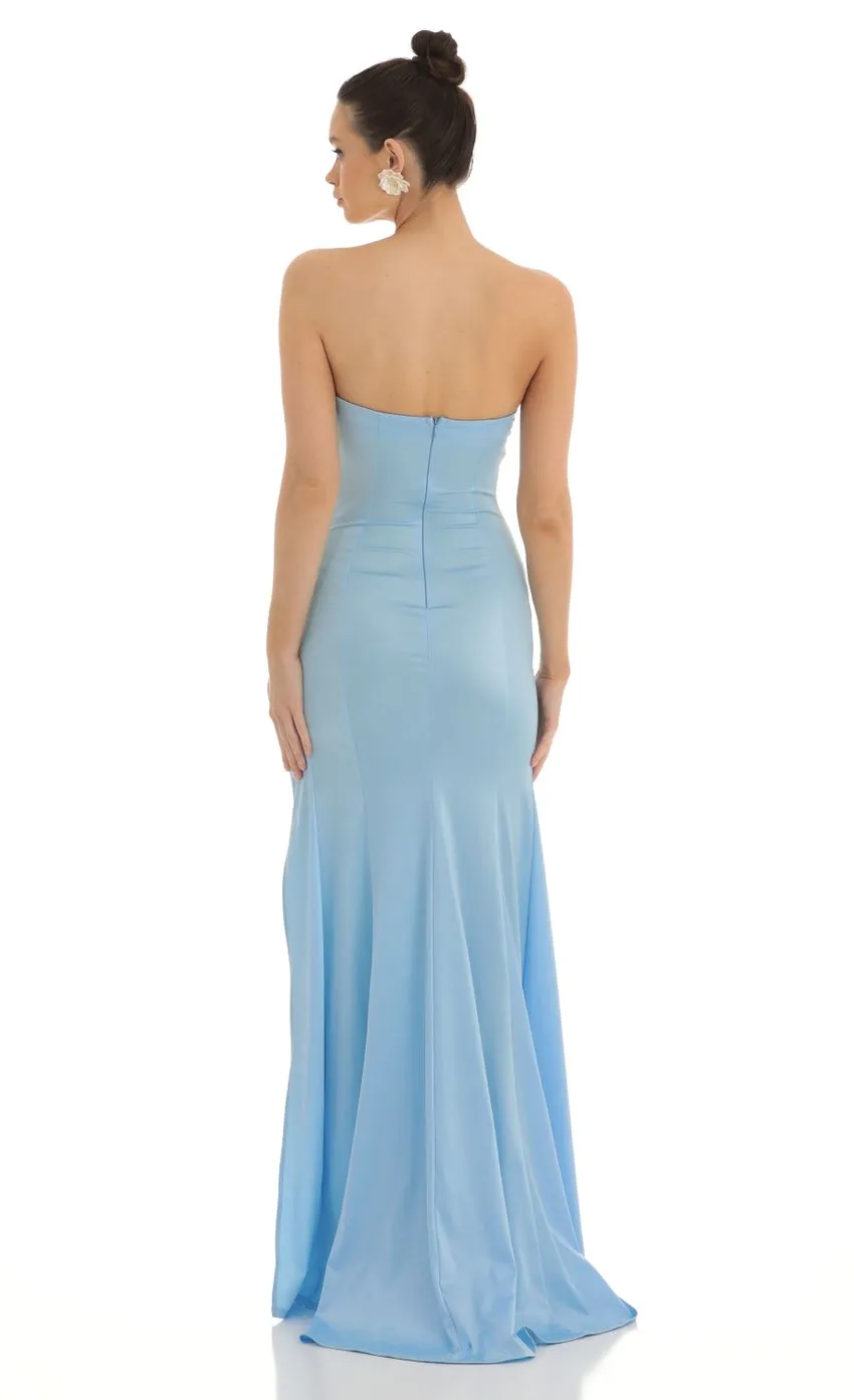 Strapless Satin Maxi Dress in Blue