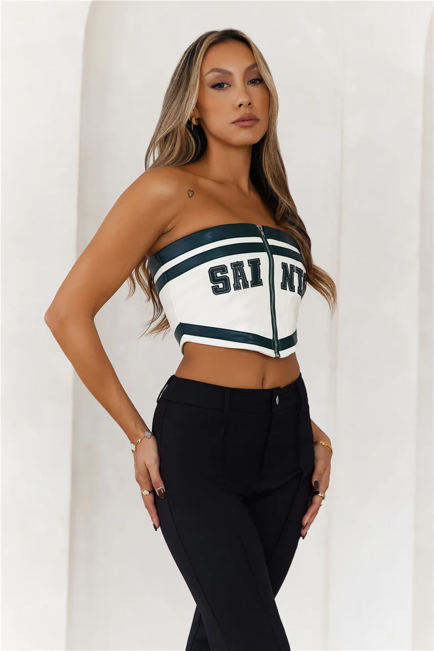 Team Saints Strapless Faux Leather Crop Top Ivory