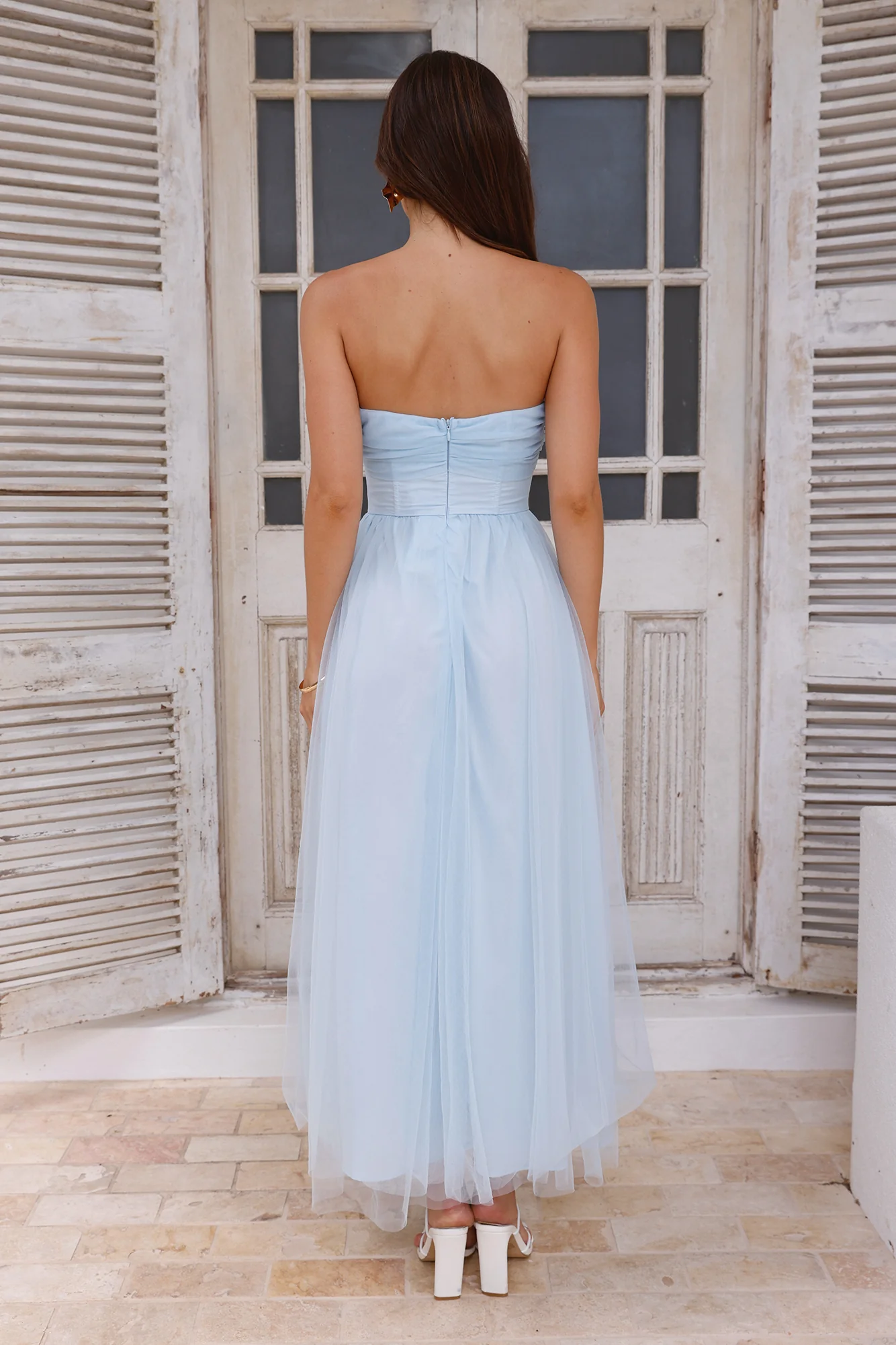Worthy Of Diamonds Strapless Tulle Midi Dress Blue