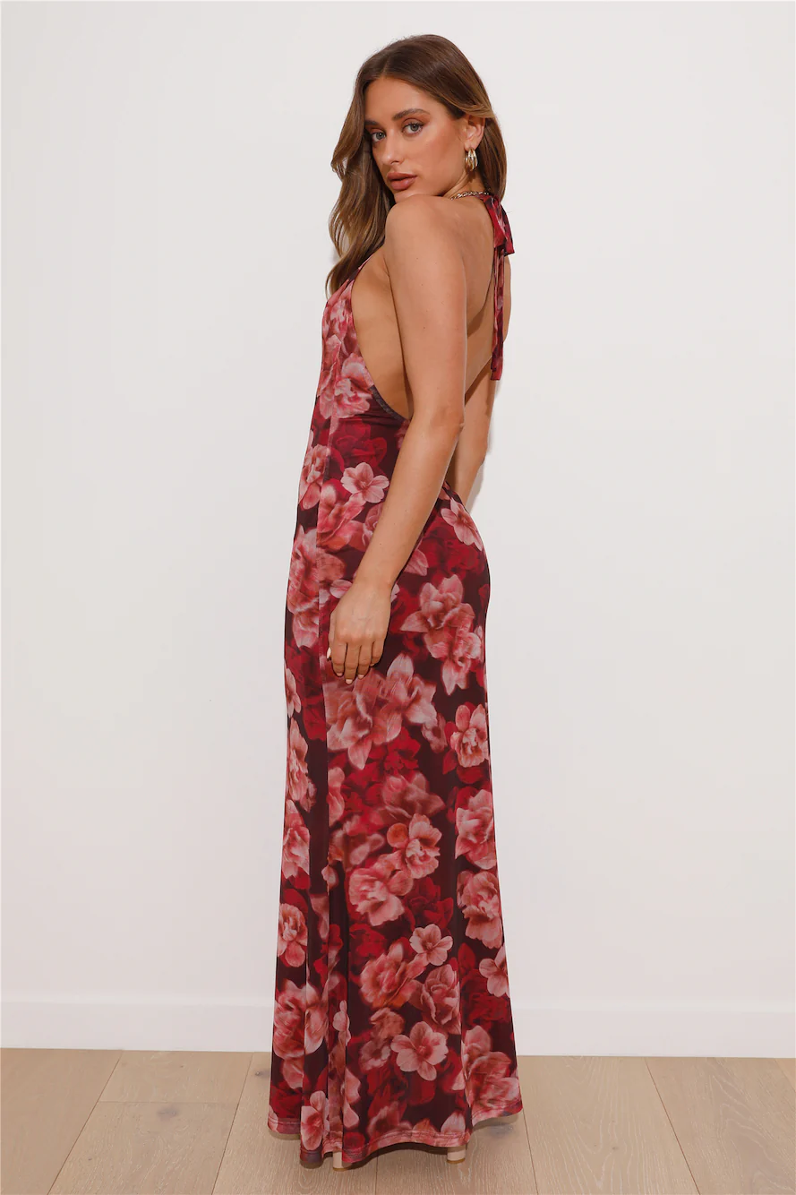 RUNAWAY Evalina Maxi Dress Wine Floral