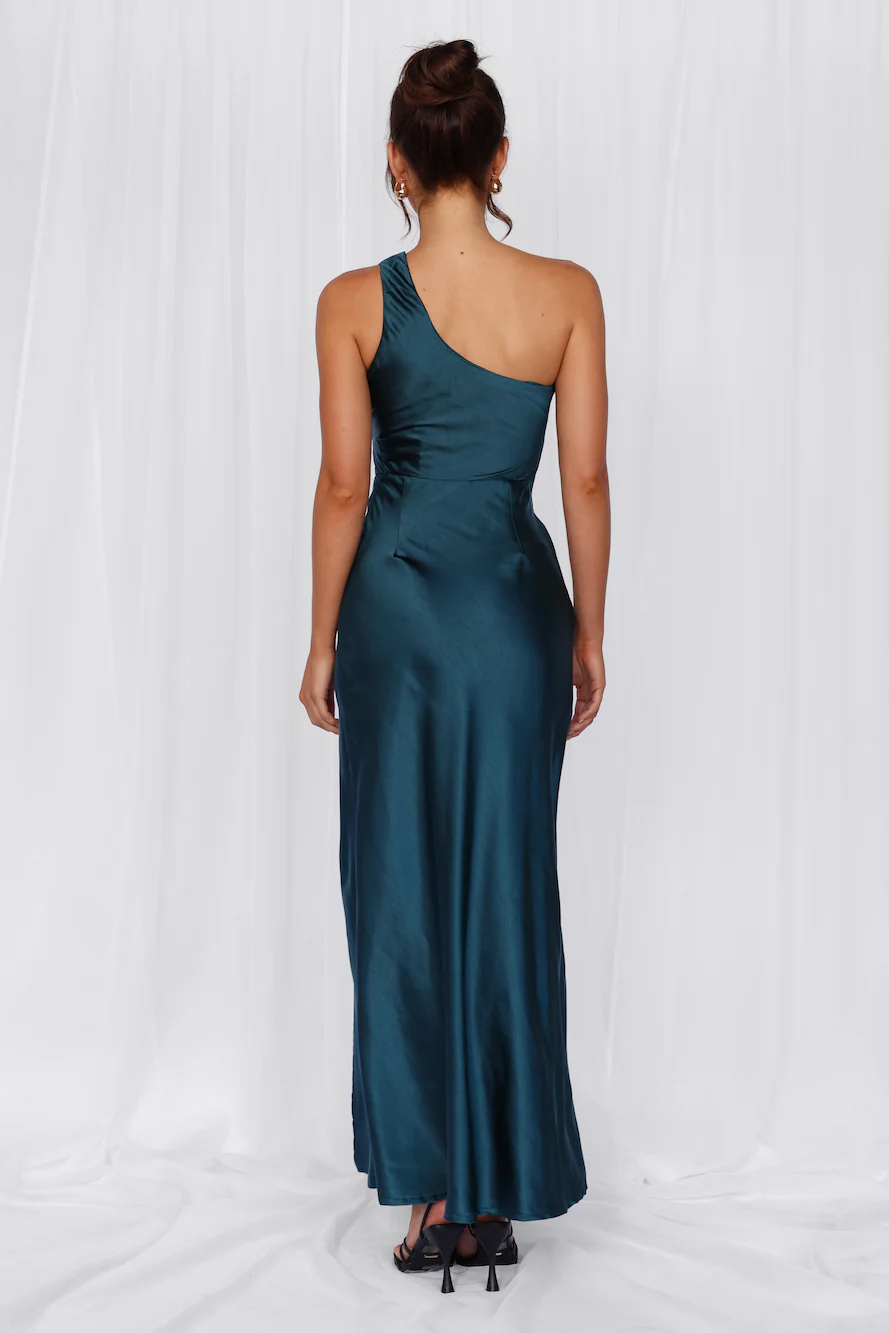 BEACNLADY The Aurora One Shoulder Satin Maxi Dress Teal