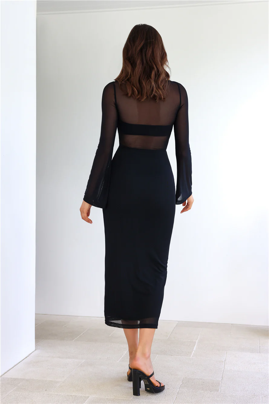 Girl Muse Long Sleeve Mesh Midi Dress Black