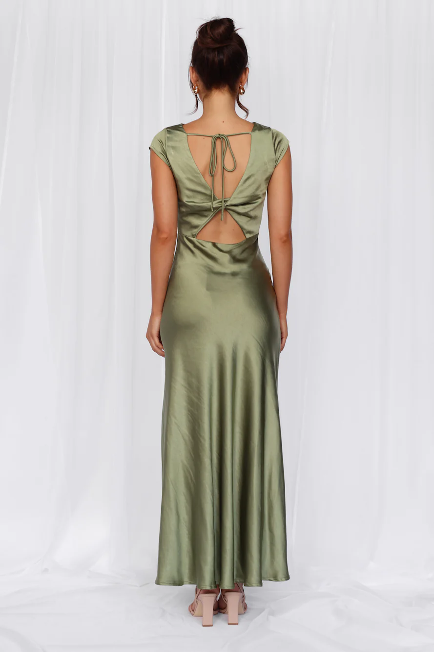 Beacnlady The Valentina Cap Sleeve Satin Maxi Dress Olive
