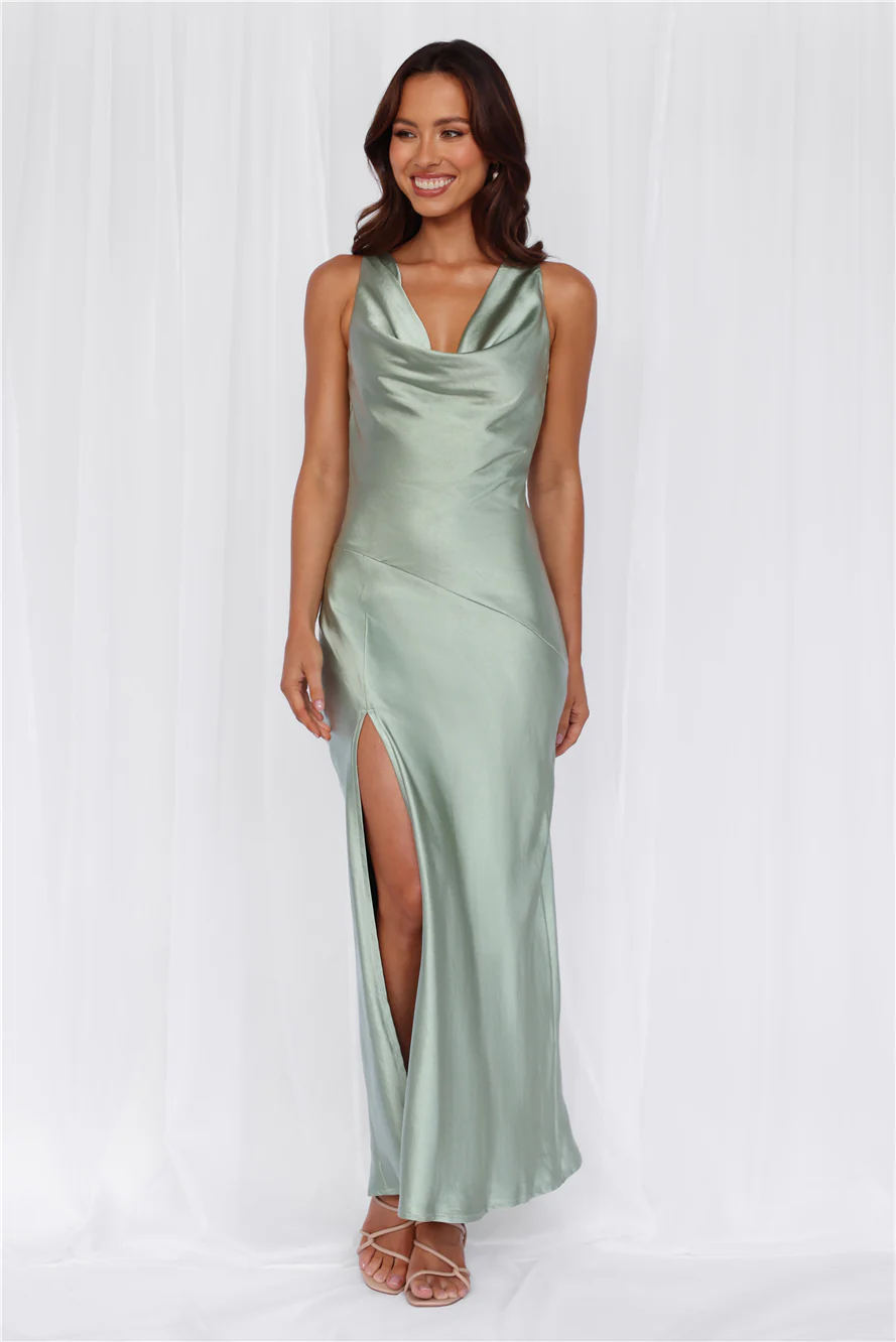 BEACNLADY The Loretta Cowl Satin Maxi Dress Sage