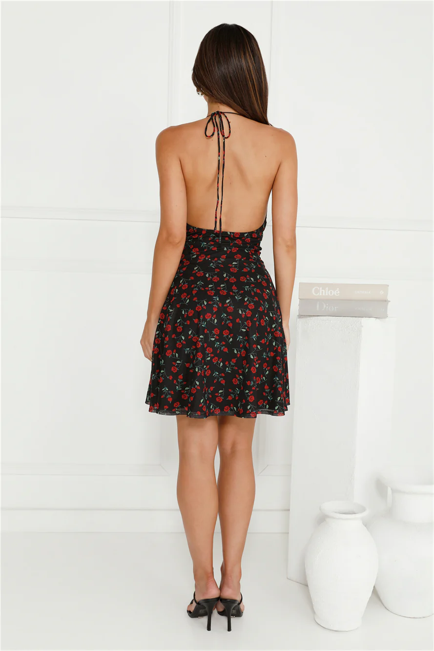 Fruity Tree Halter Mini Dress Black