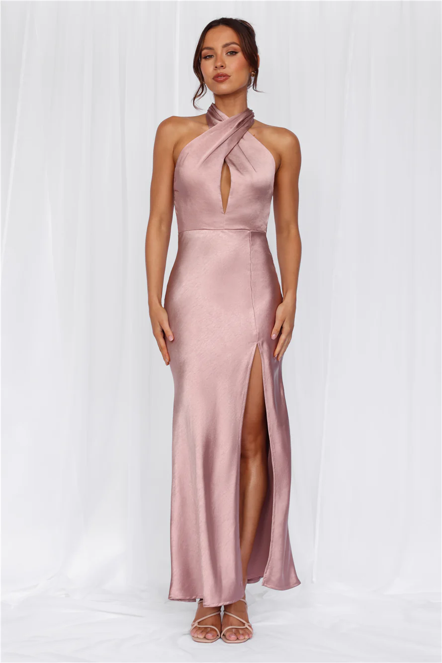 Beacnlady The Adeline Halter Satin Maxi Dress Dusty Pink