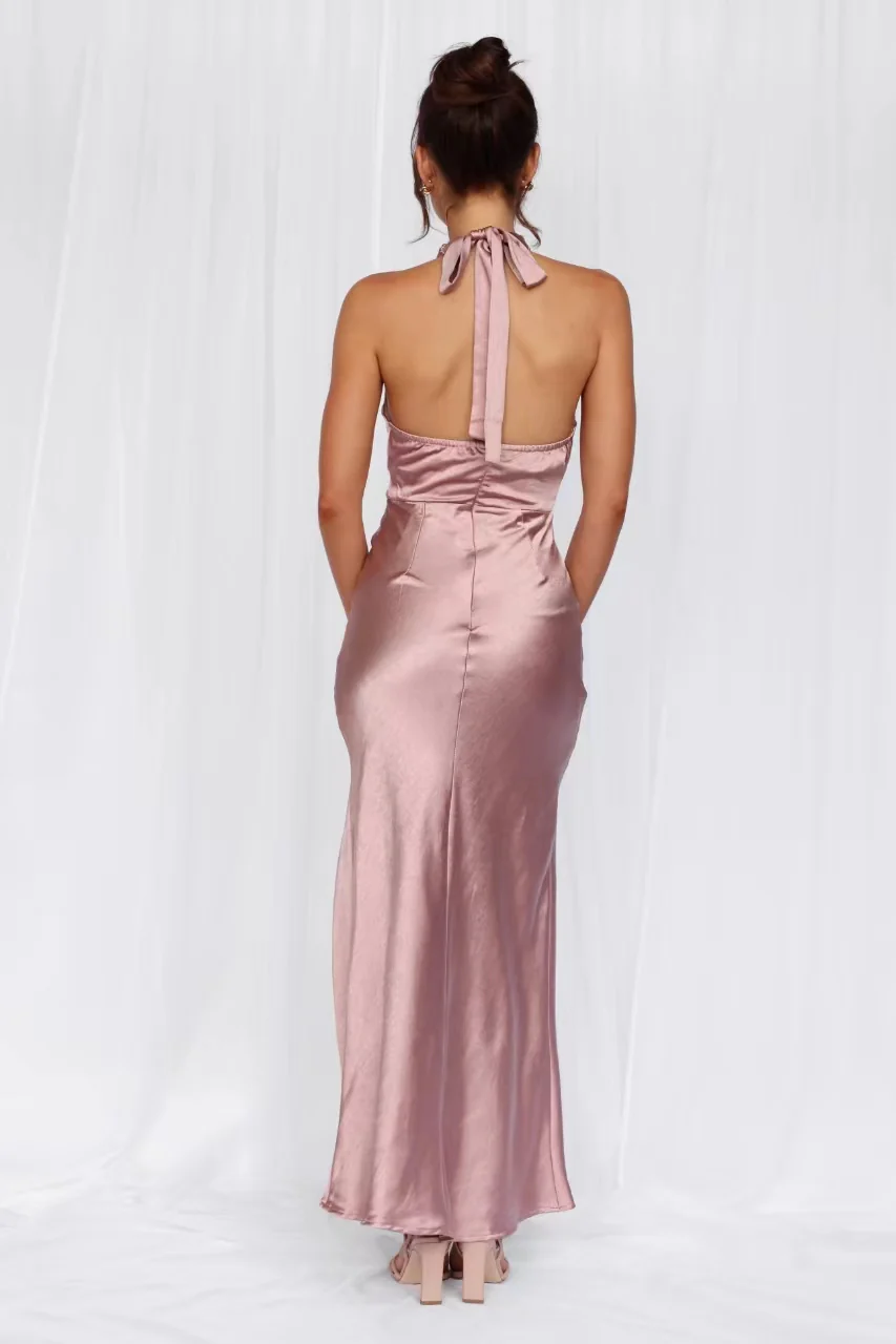 Beacnlady The Adeline Halter Satin Maxi Dress Dusty Pink