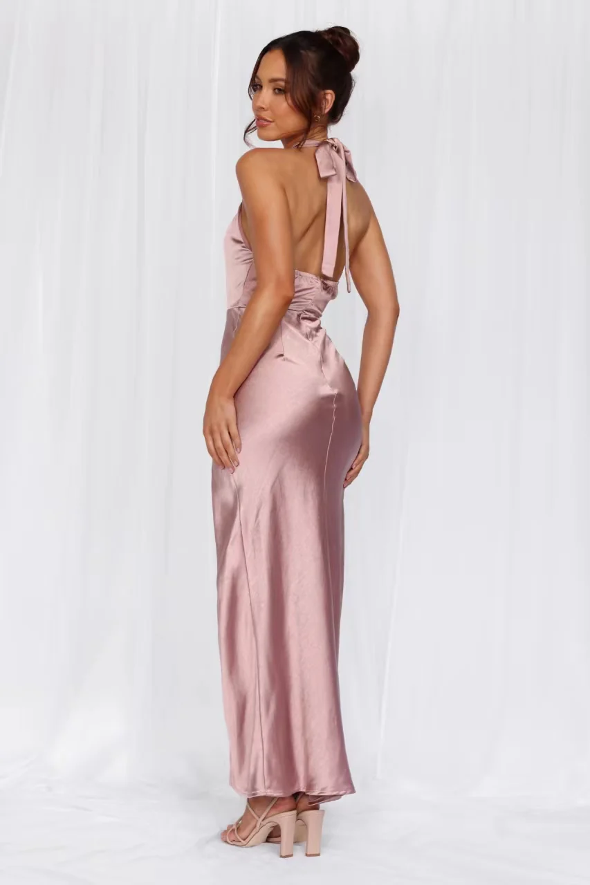 Beacnlady The Adeline Halter Satin Maxi Dress Dusty Pink