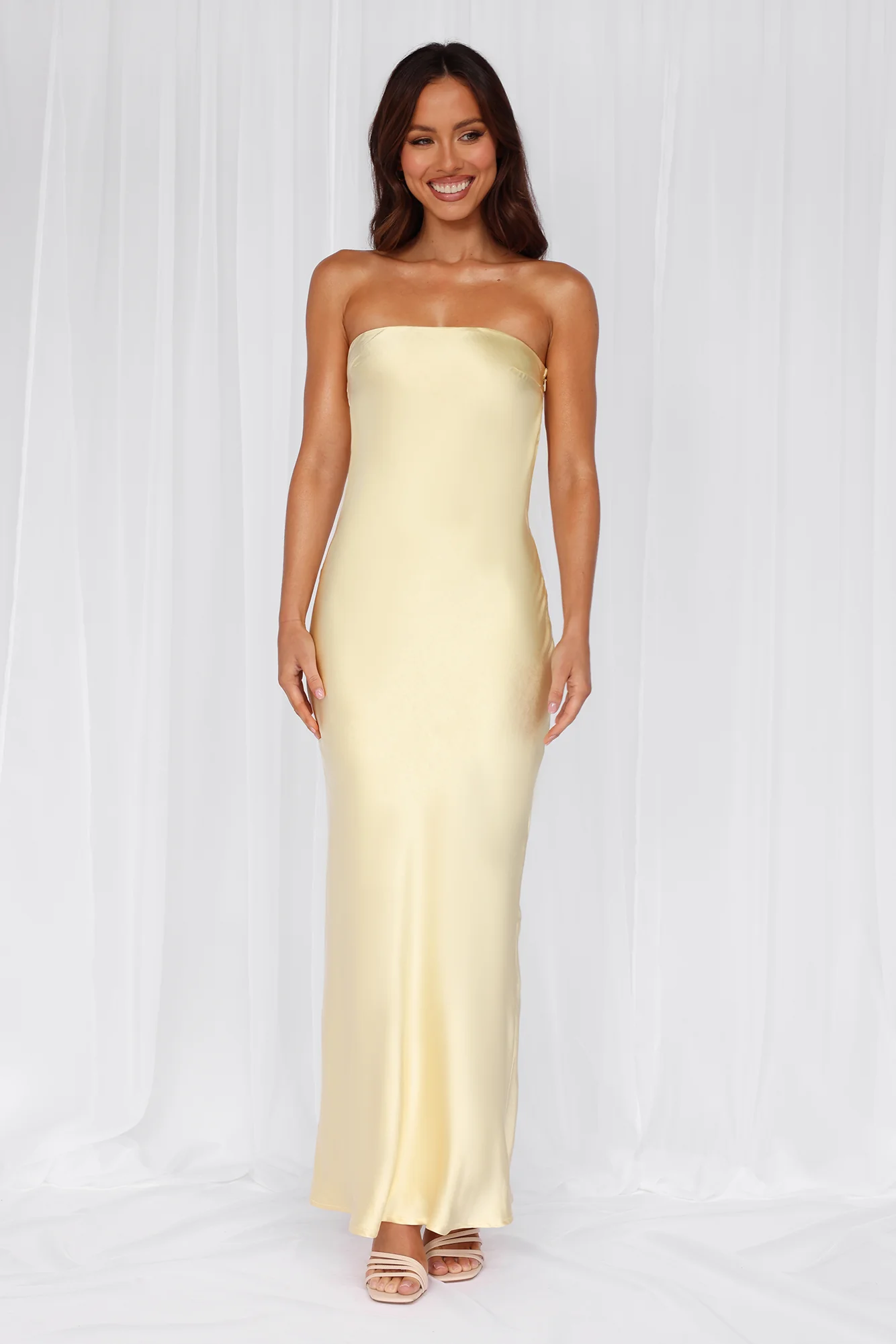 Beacnlady The Felicity Strapless Satin Maxi Dress Yellow