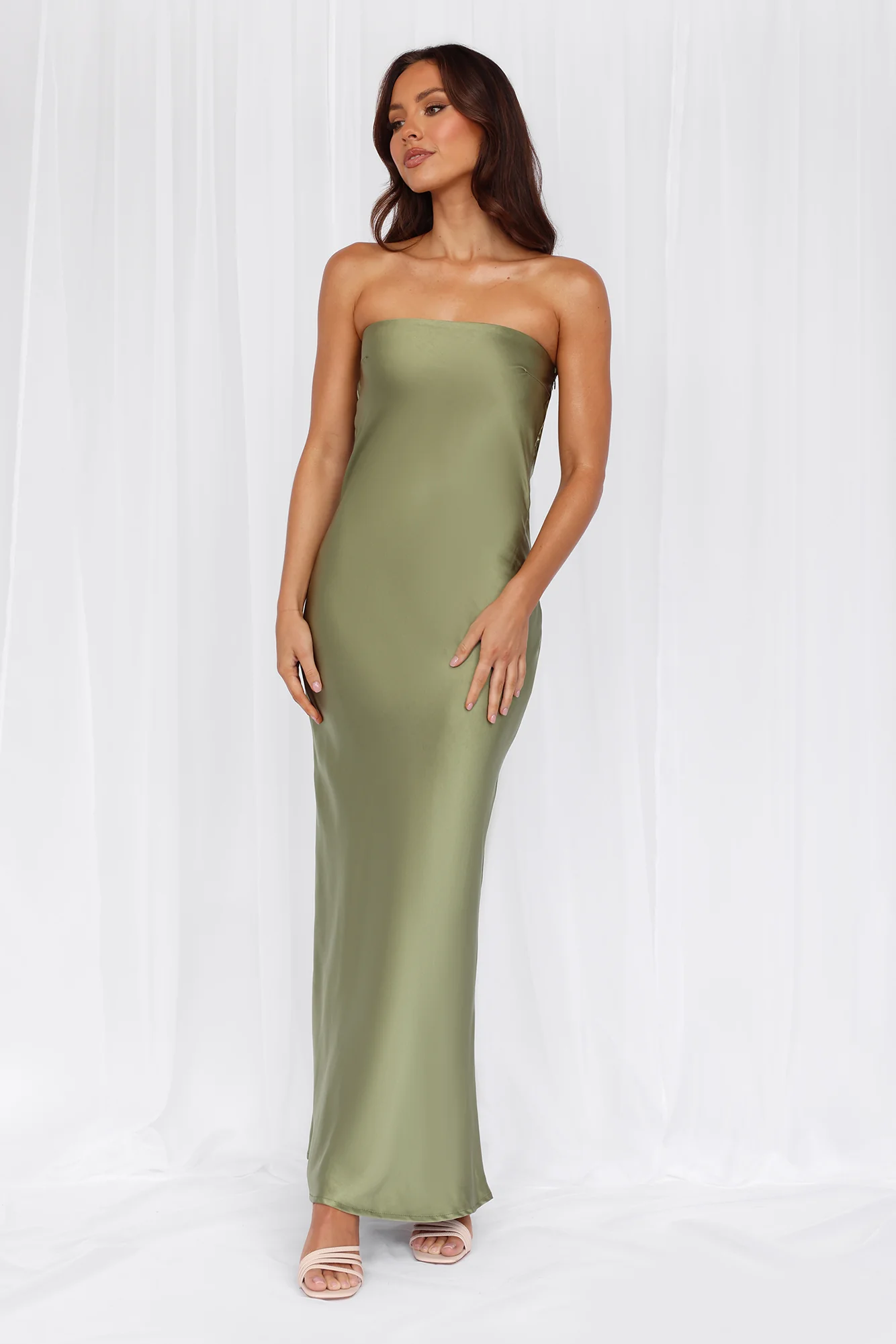 Beacnlady The Felicity Strapless Satin Maxi Dress Olive