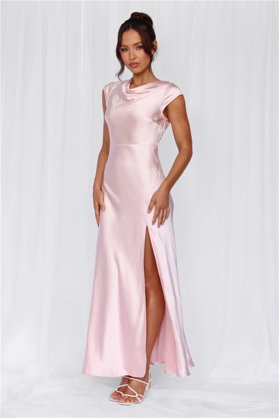 BEACNLADY The Valentina Cap Sleeve Satin Maxi Dress Pink
