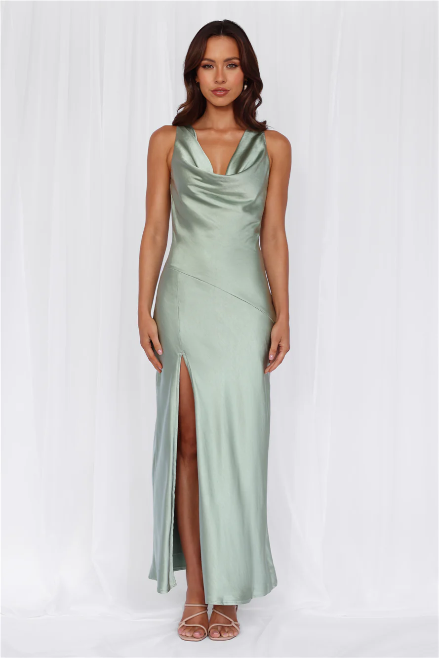 BEACNLADY The Loretta Cowl Satin Maxi Dress Sage