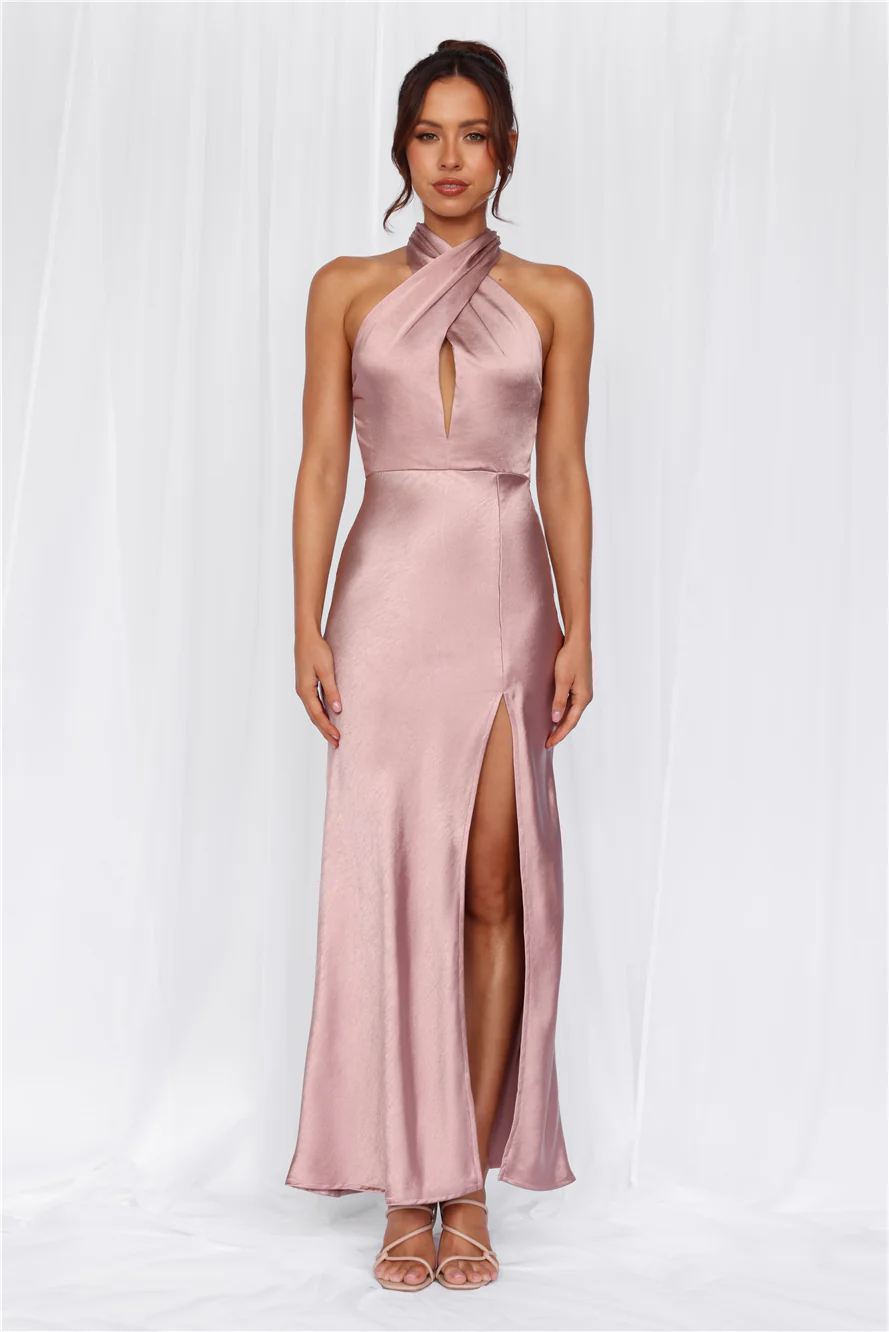 Beacnlady The Adeline Halter Satin Maxi Dress Dusty Pink