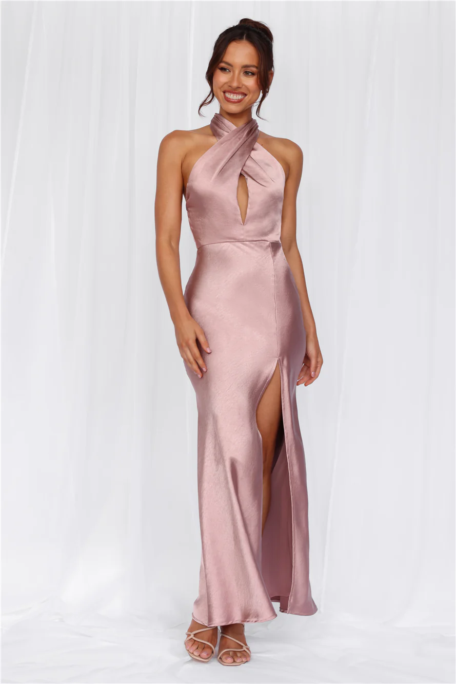 Beacnlady The Adeline Halter Satin Maxi Dress Dusty Pink