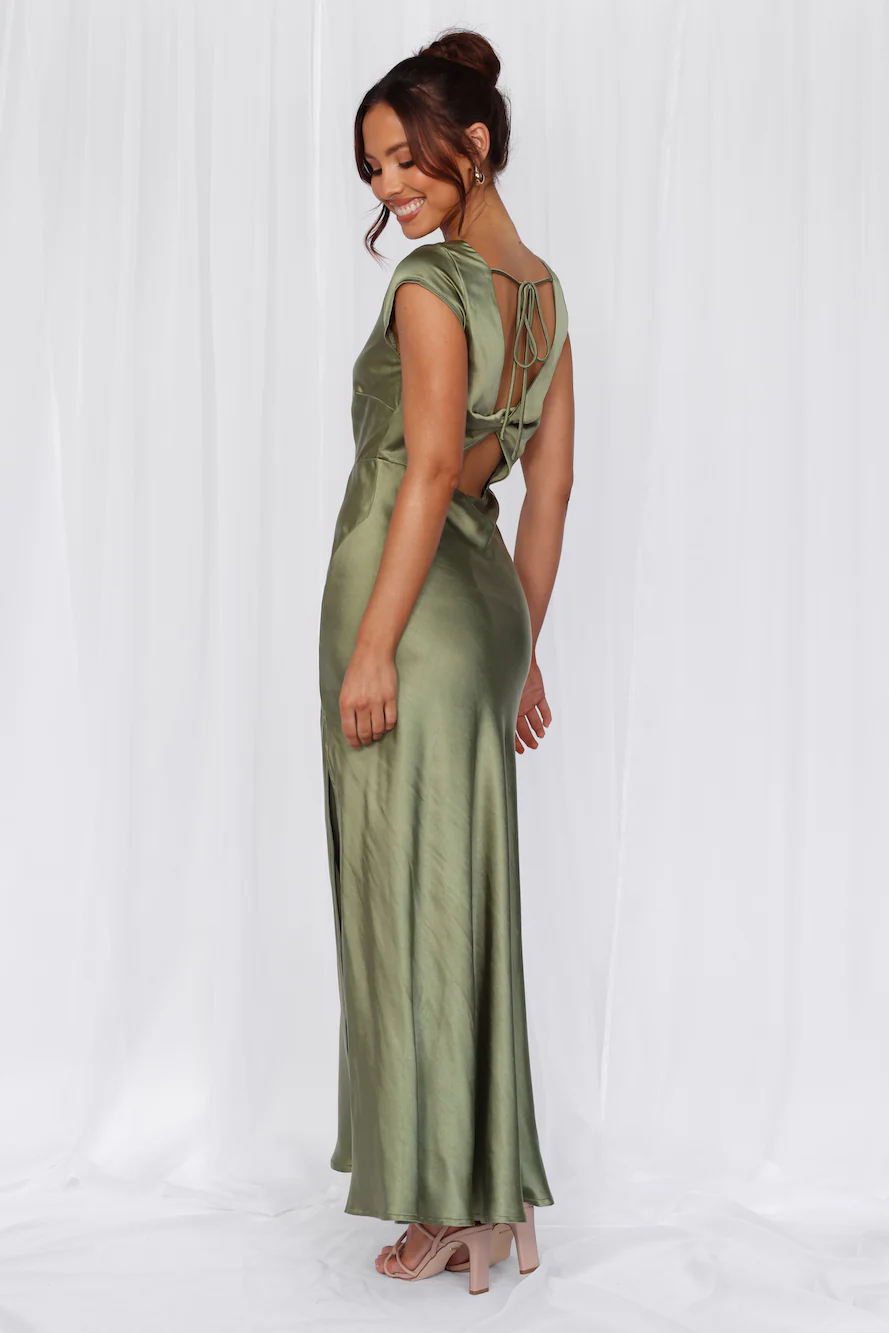 Beacnlady The Valentina Cap Sleeve Satin Maxi Dress Olive