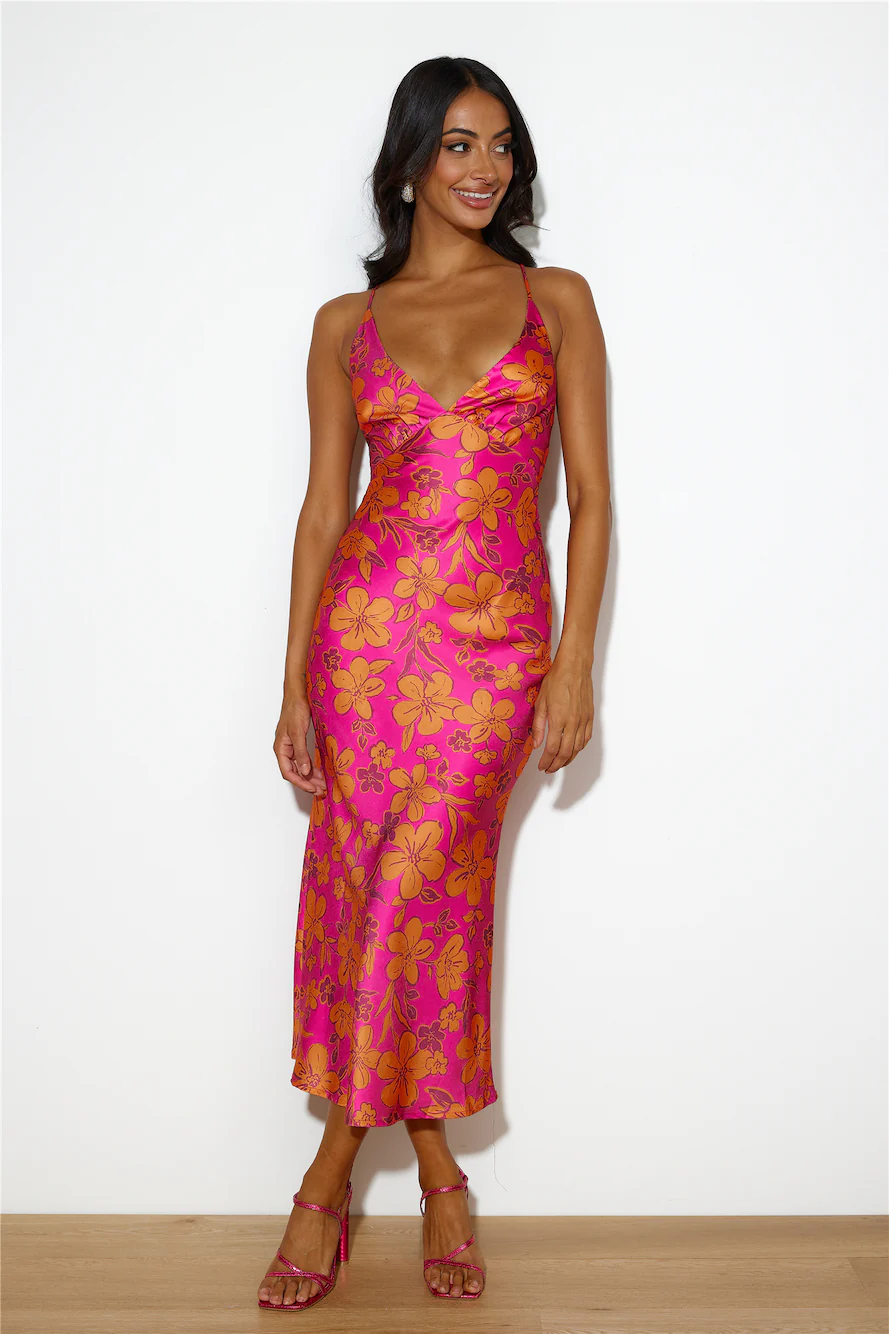 Florals On My Mind Satin Maxi Dress Pink