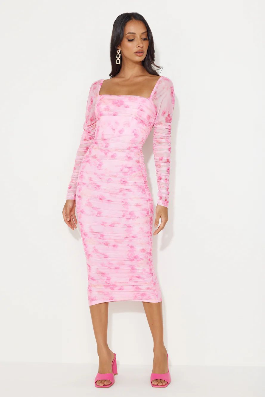 Hey There Gorg Long Sleeve Mesh Midi Dress Pink