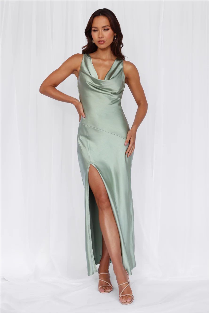 BEACNLADY The Loretta Cowl Satin Maxi Dress Sage