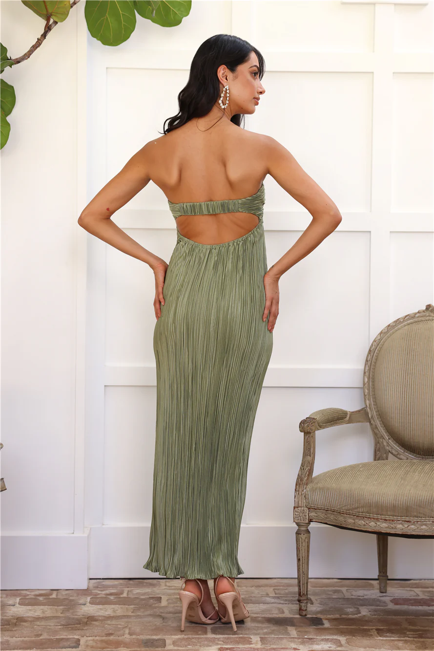 Wearing This Tonight Plisse Strapless Maxi Dress Sage