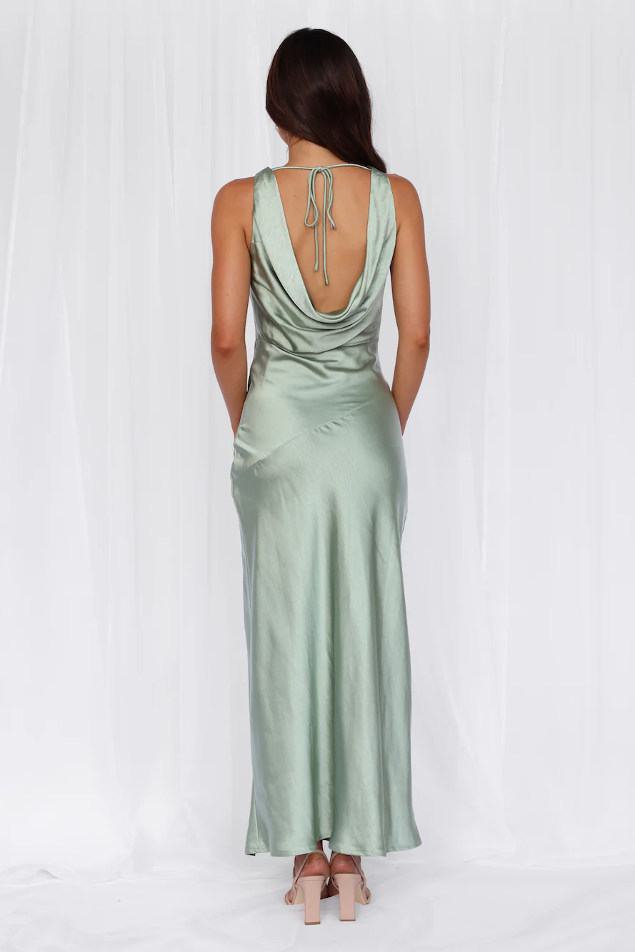 BEACNLADY The Loretta Cowl Satin Maxi Dress Sage