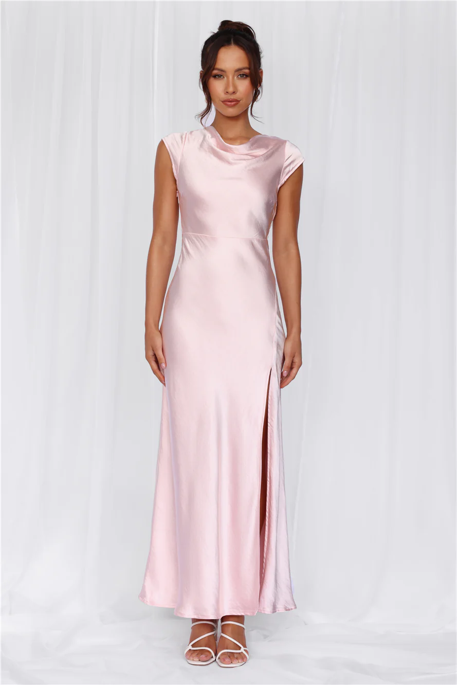 BEACNLADY The Valentina Cap Sleeve Satin Maxi Dress Pink