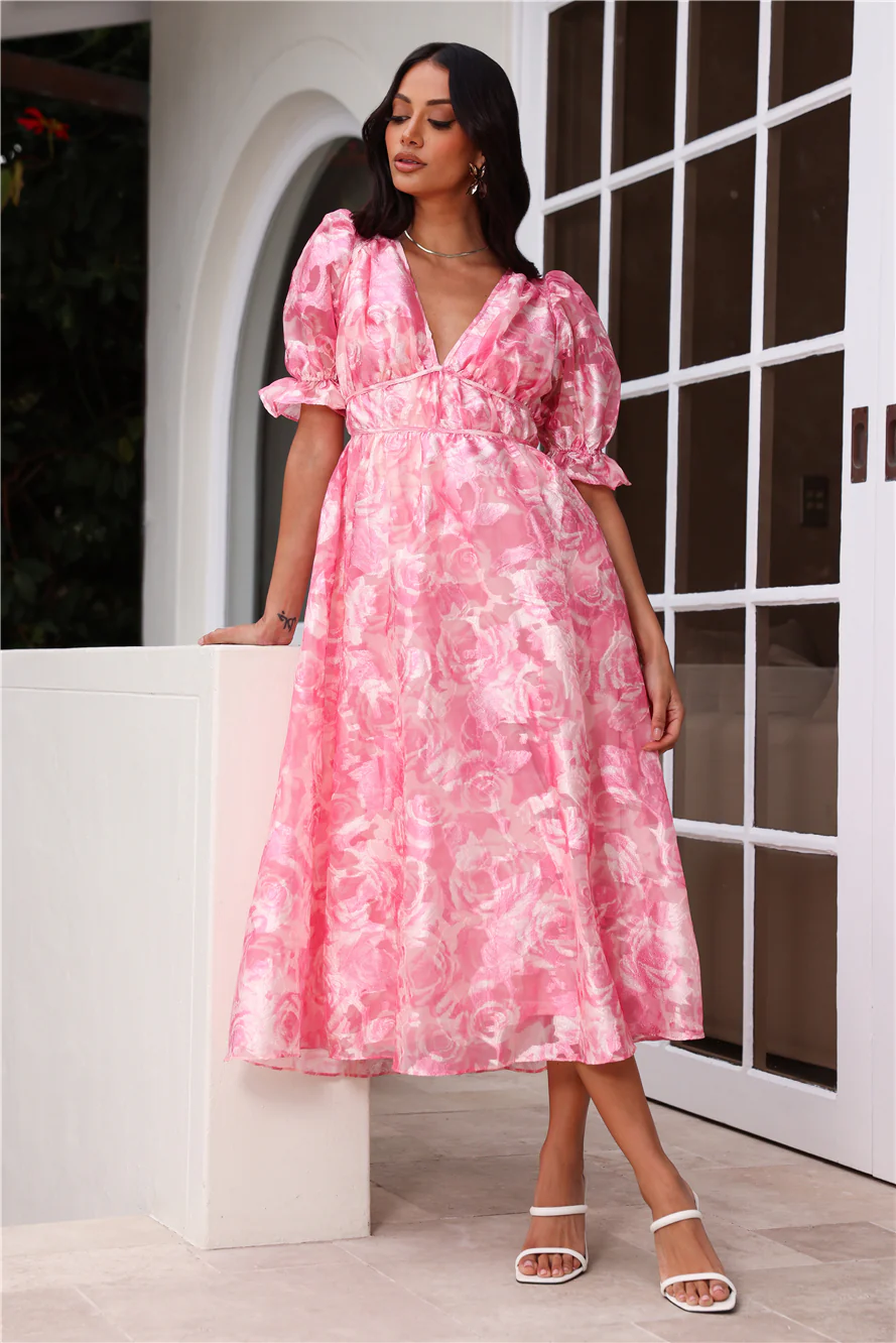 Statement To Make Puff Sleeve Midi Dress Pink