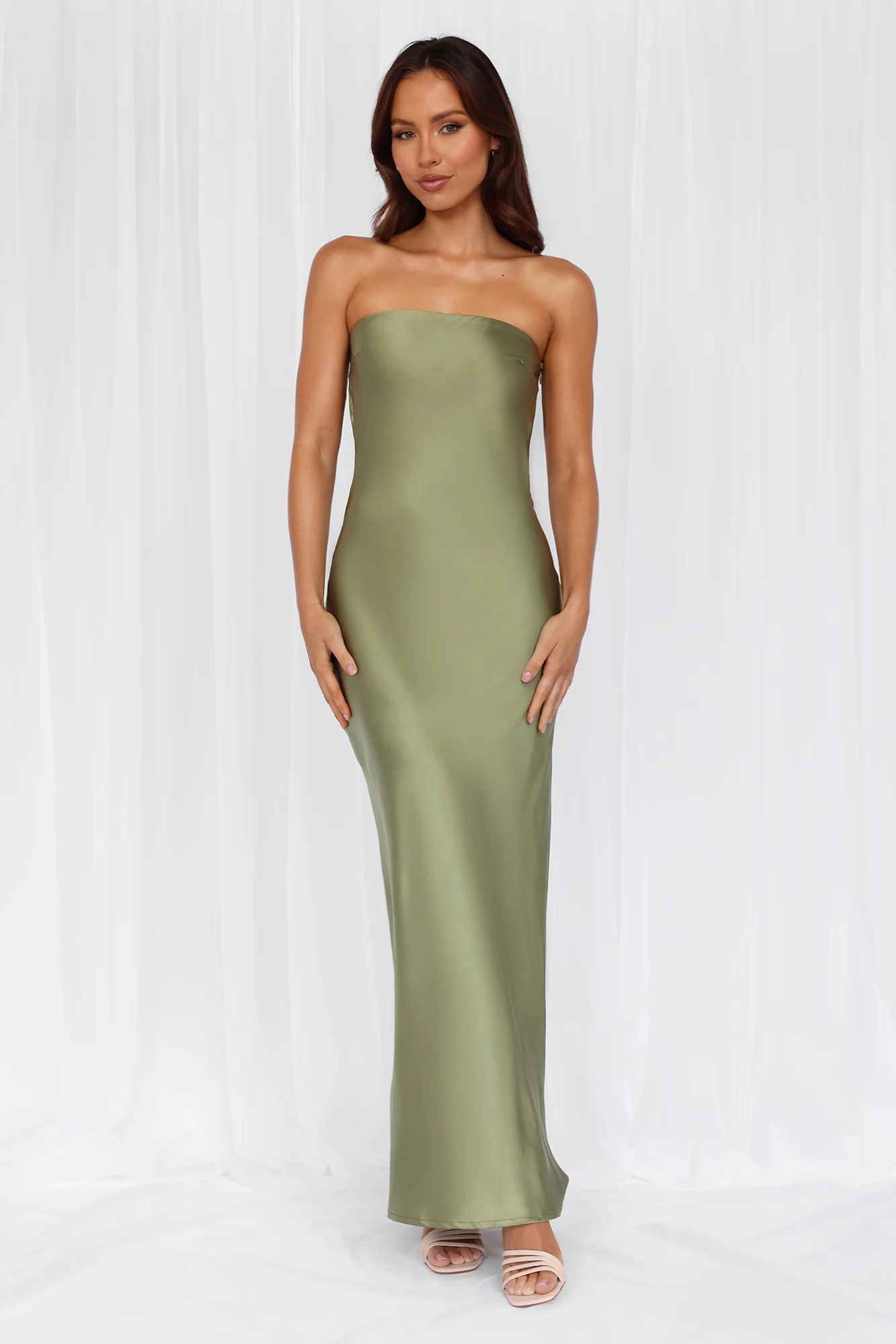 Beacnlady The Felicity Strapless Satin Maxi Dress Olive