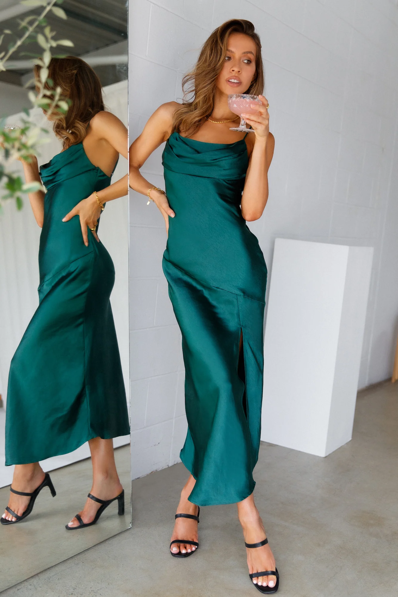 Lychee Martini Satin Midi Dress Forest Green