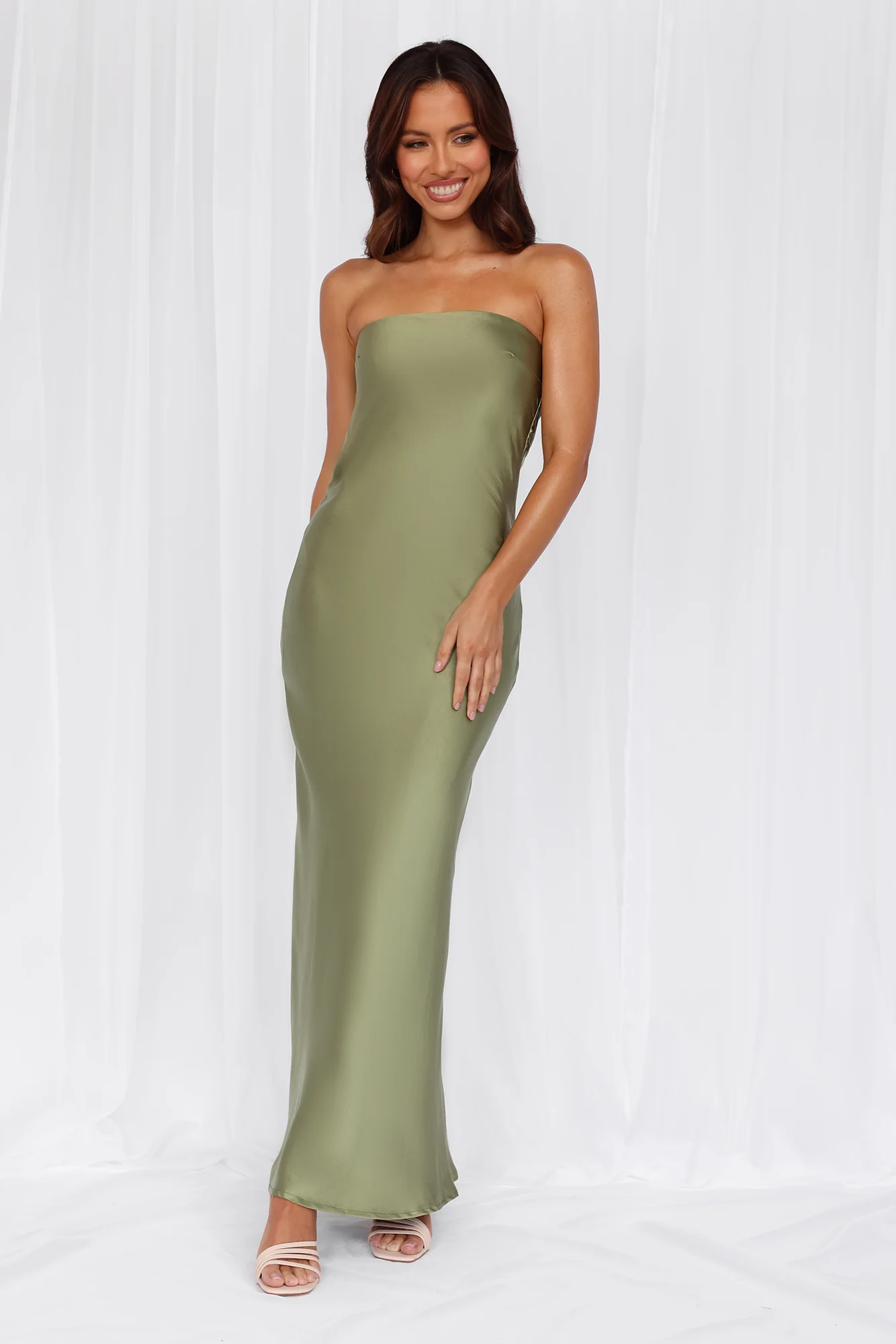Beacnlady The Felicity Strapless Satin Maxi Dress Olive