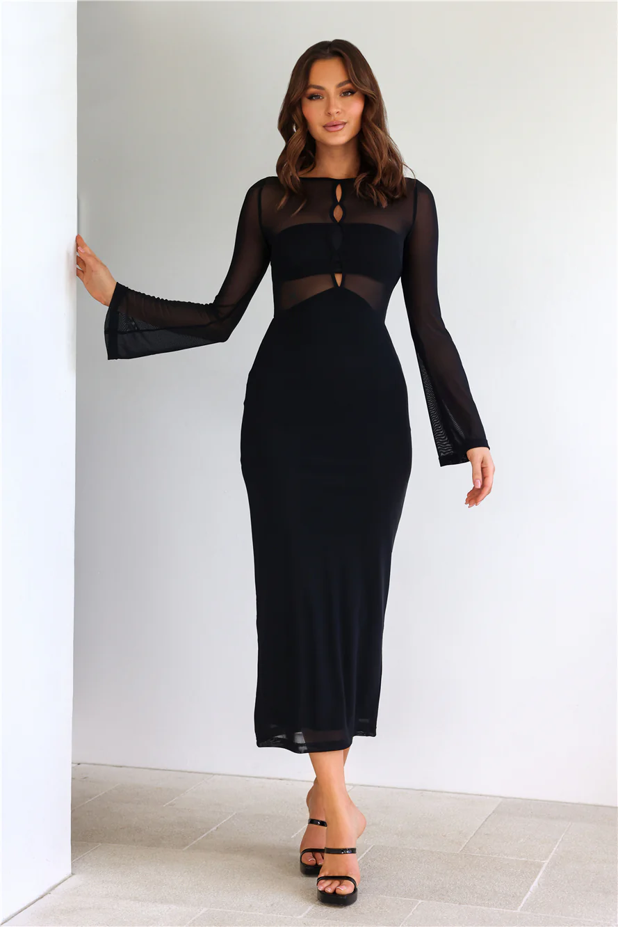 Girl Muse Long Sleeve Mesh Midi Dress Black
