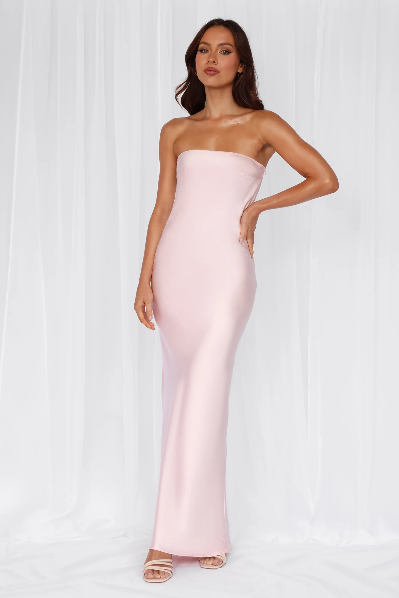 Beacnlady The Felicity Strapless Satin Maxi Dress Pink