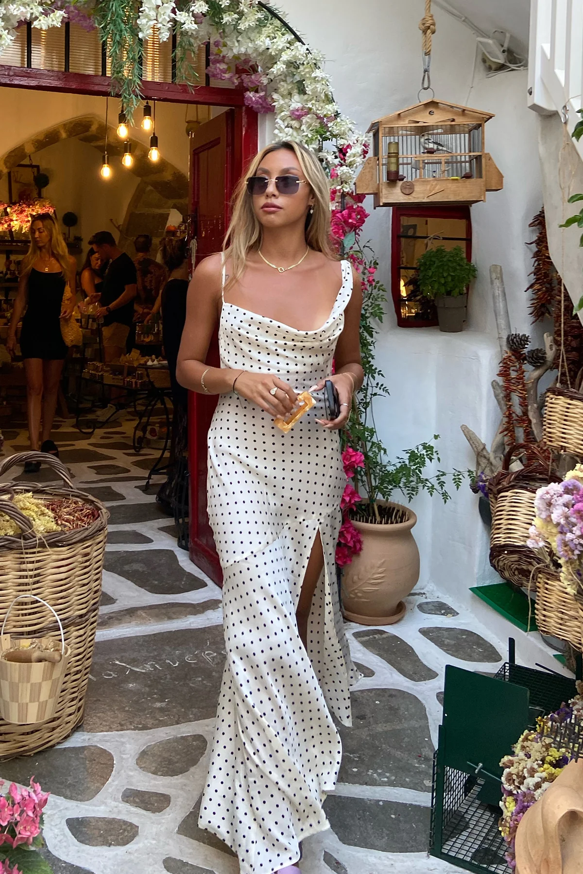 BEACNLADY Dotted Moment Satin Polka Dot Midi Dress Cream