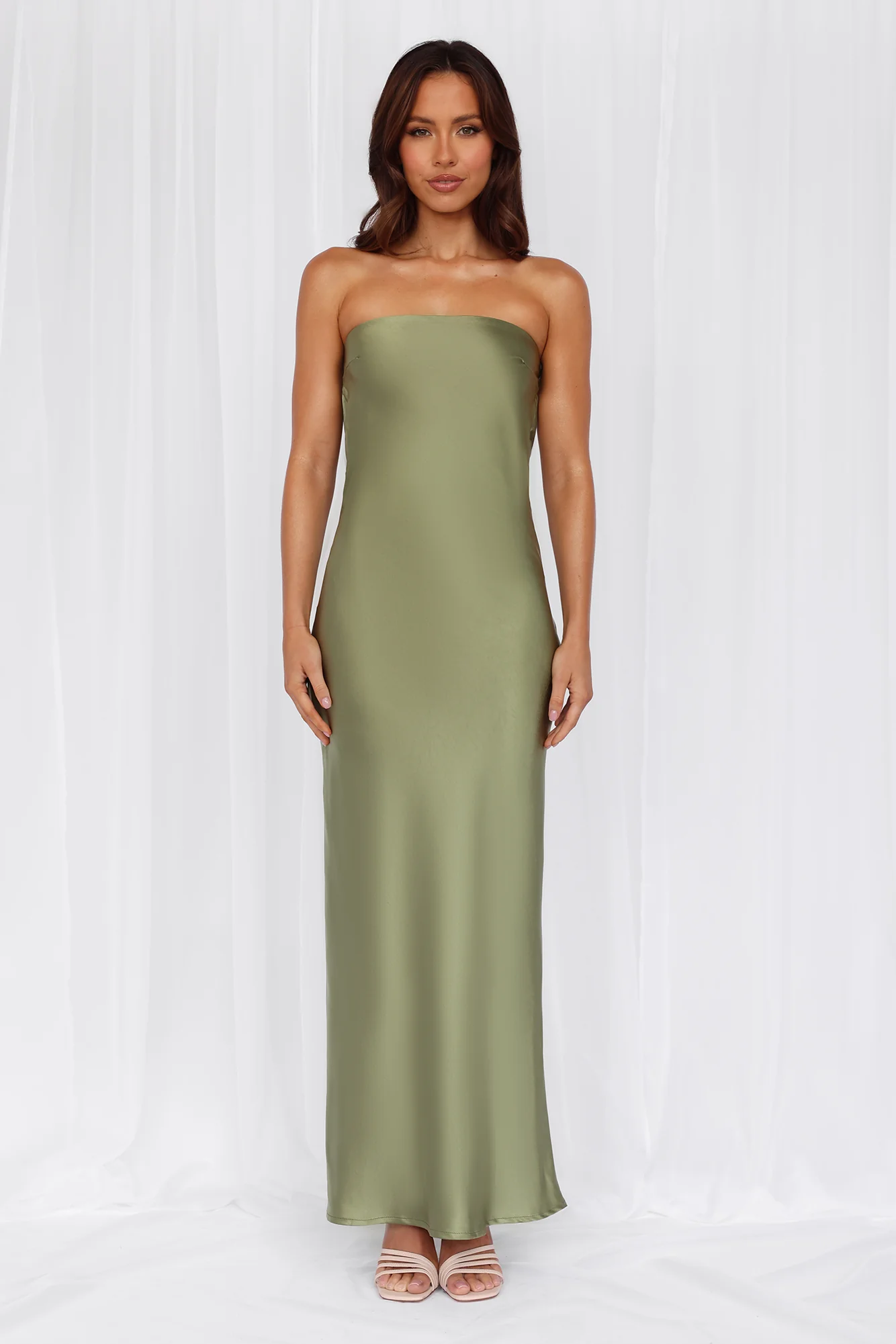Beacnlady The Felicity Strapless Satin Maxi Dress Olive