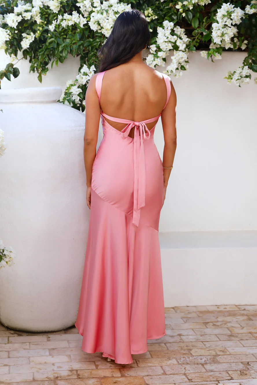 Romantic Affair Satin One Shoulder Maxi Dress Pink