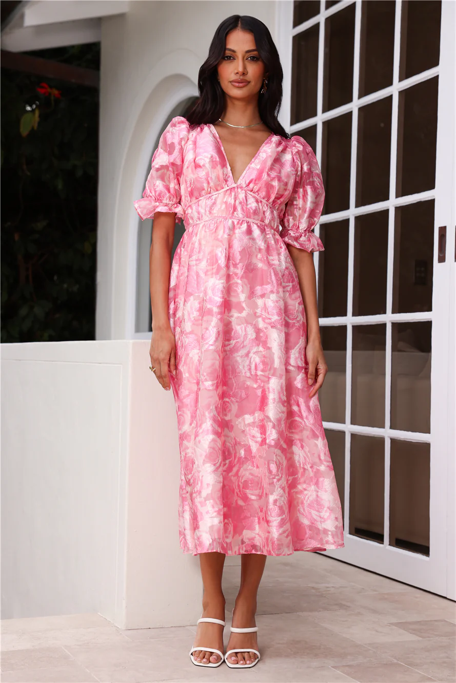 Statement To Make Puff Sleeve Midi Dress Pink